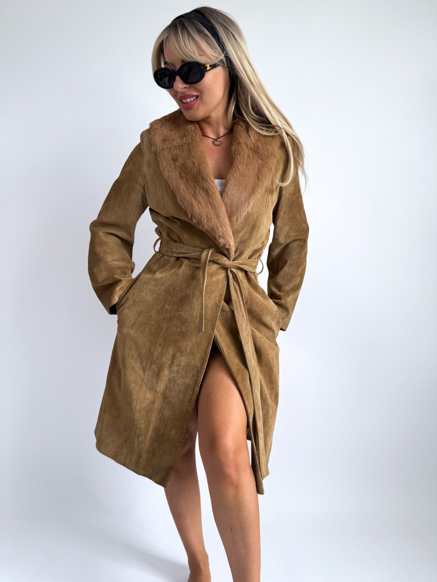 Penny Lane Inspired Suede Coat – Faux Fur Collar, XS/S Fit