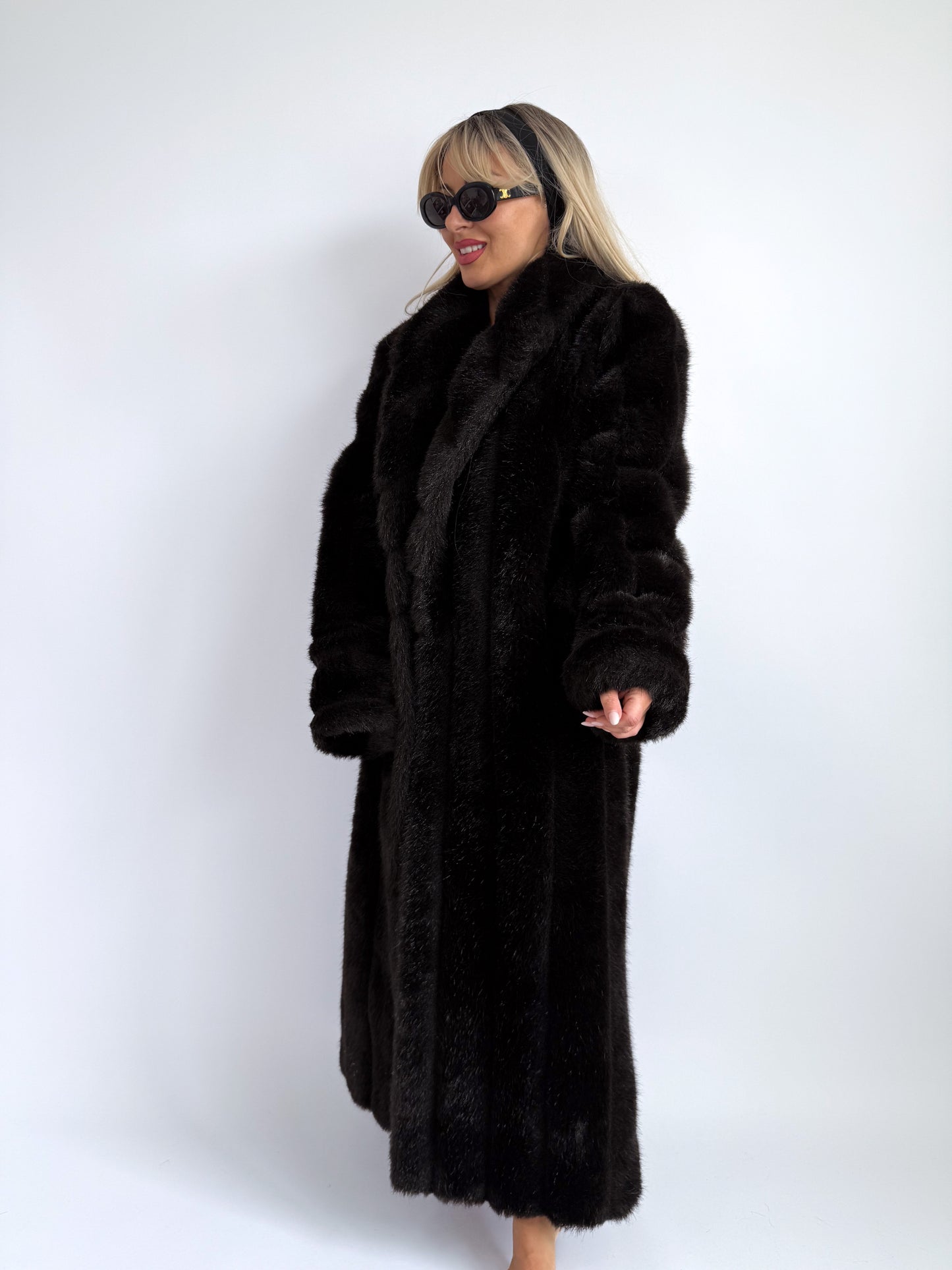 Full-Length Vintage Faux Fur Coat in Black, S