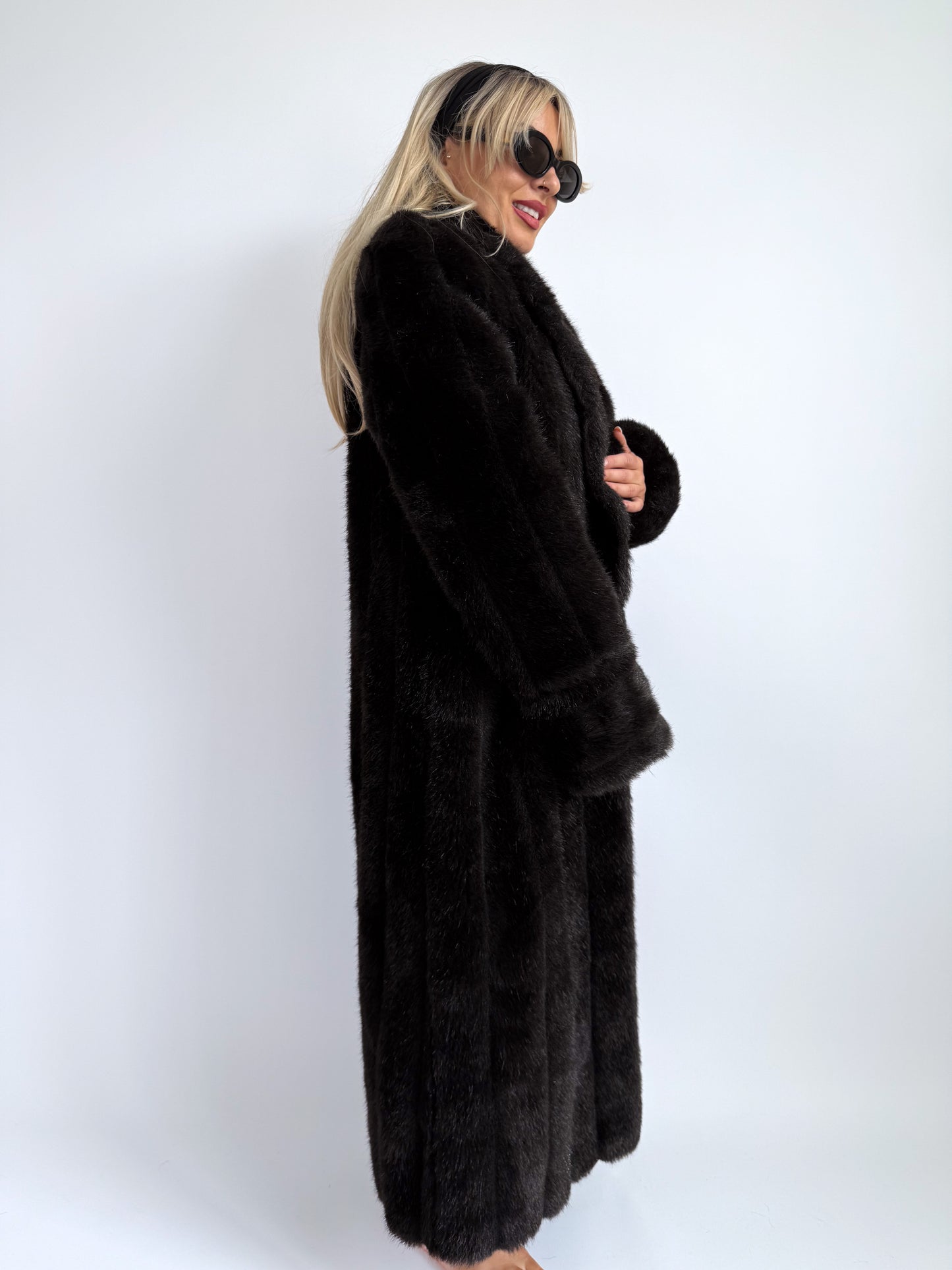 Full-Length Vintage Faux Fur Coat in Black, S