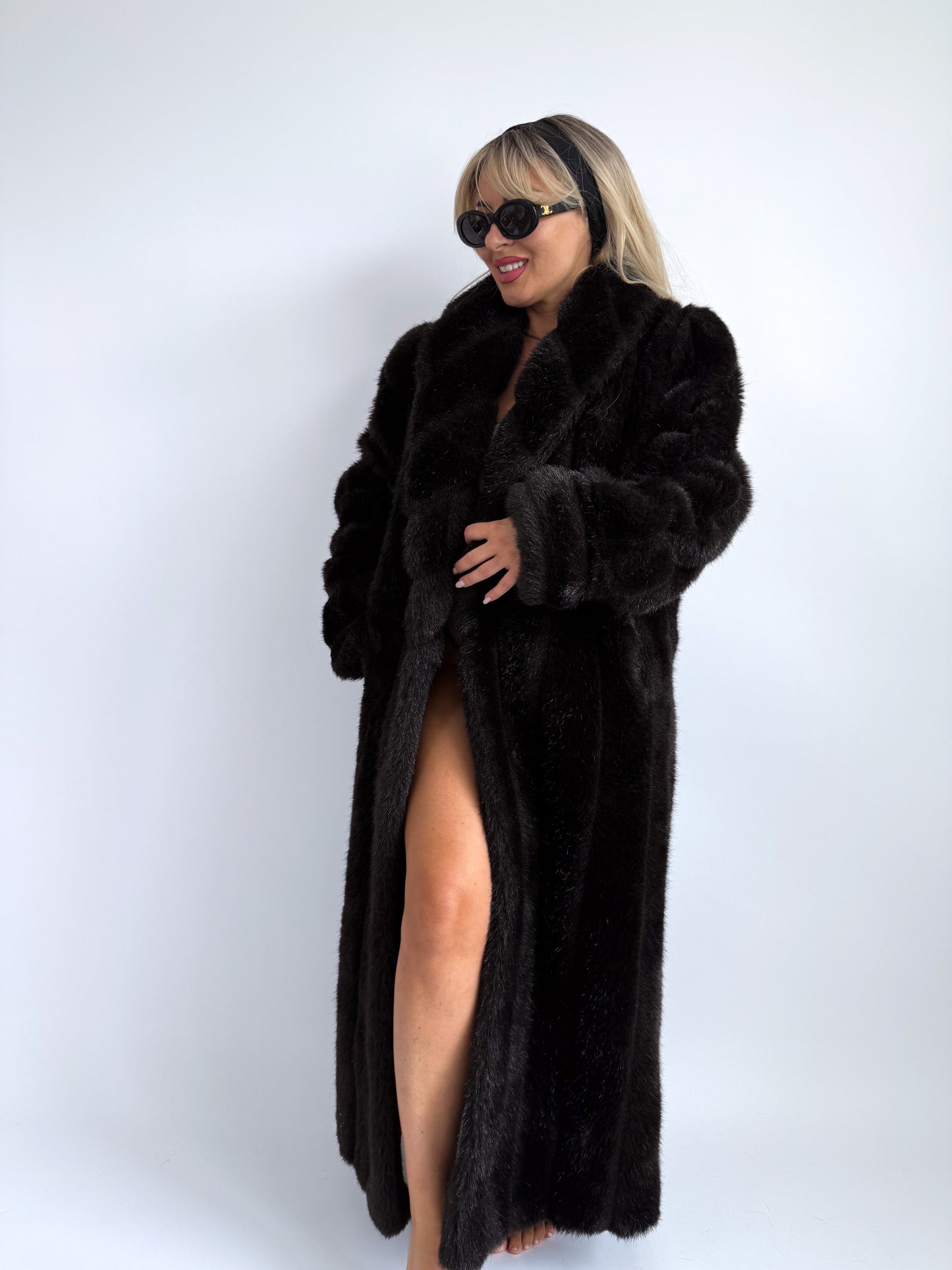 Full-Length Vintage Faux Fur Coat in Black, S