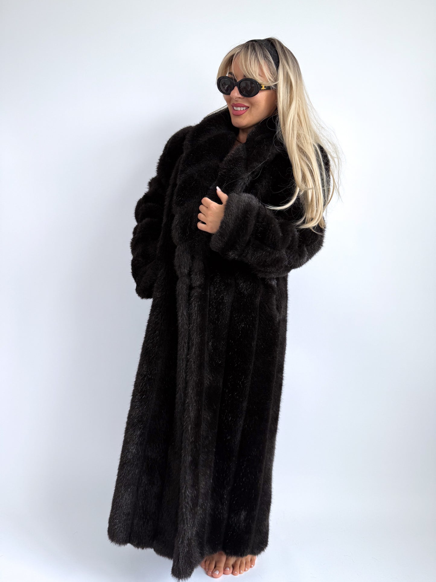 Full-Length Vintage Faux Fur Coat in Black, S