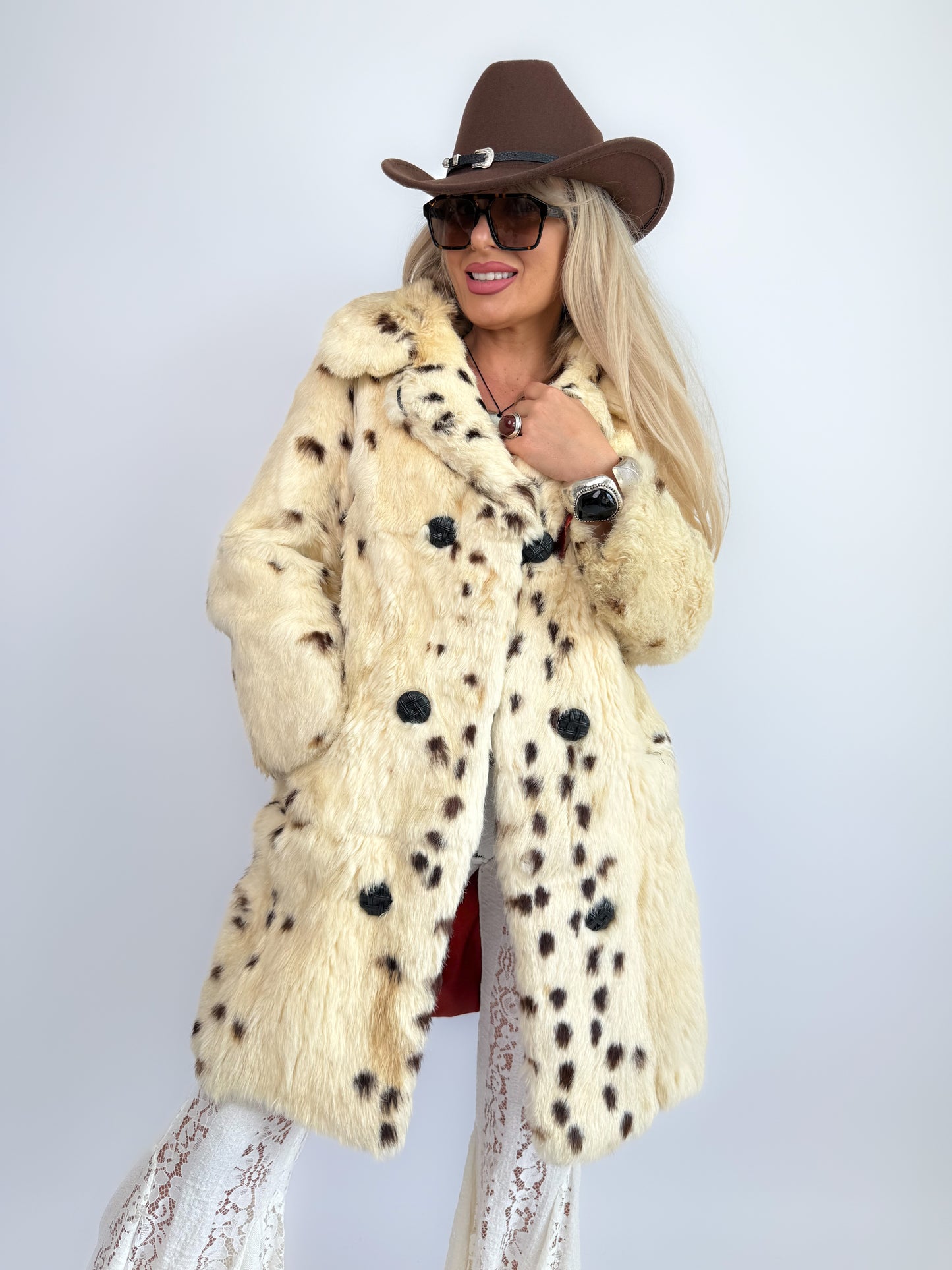 Vintage Natural Rabbit Fur Coat – Cream Brown Cow Print Mid-Length Winter Jacket Size XS-S