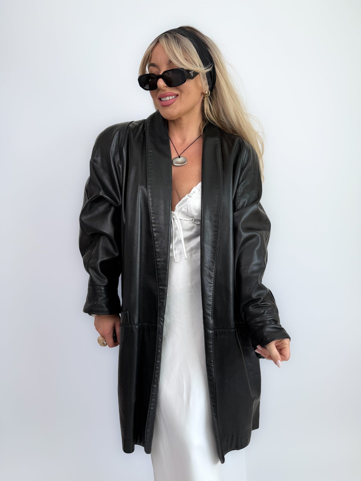 Vintage Black Leather Longline Jacket – 90s Open Front Coat S-M