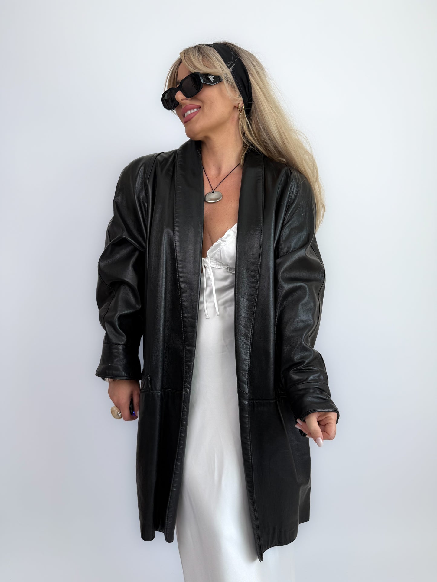 Vintage Black Leather Longline Jacket – 90s Open Front Coat S-M