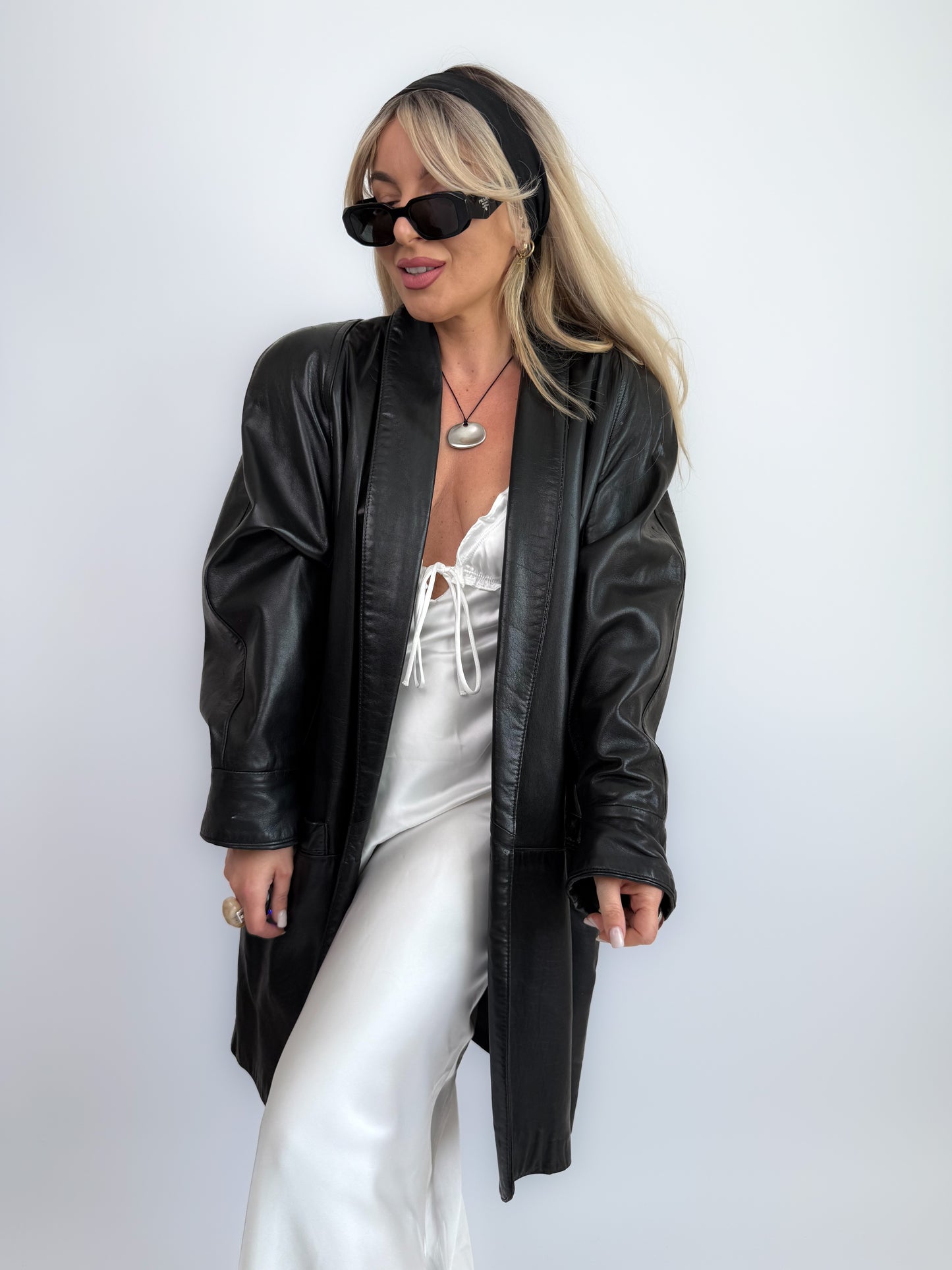 Vintage Black Leather Longline Jacket – 90s Open Front Coat S-M