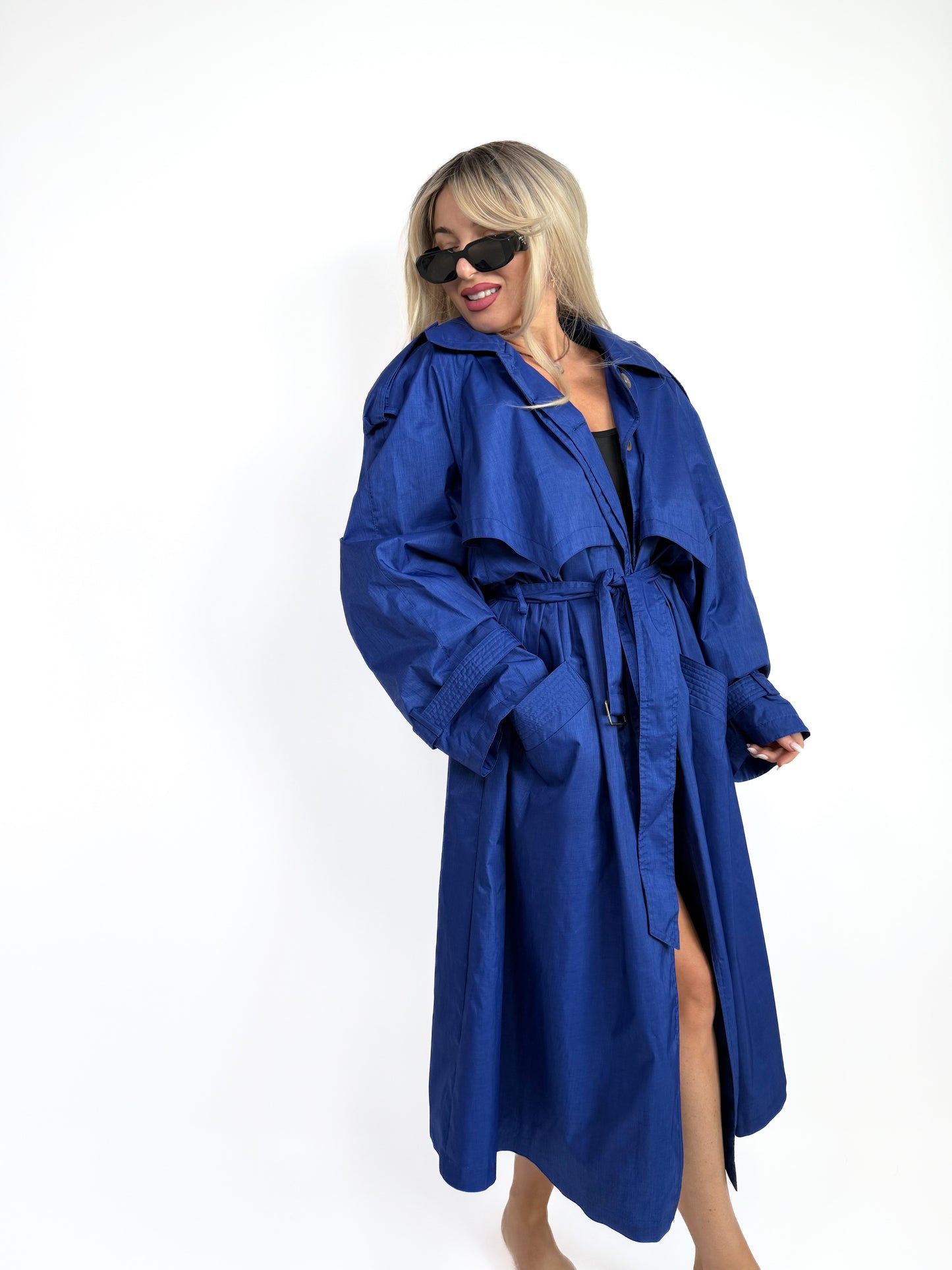 Vintage Cobalt Blue Oversized Wool Blend Trench Raincoat – 90s Plus Size Streetwear L-XL