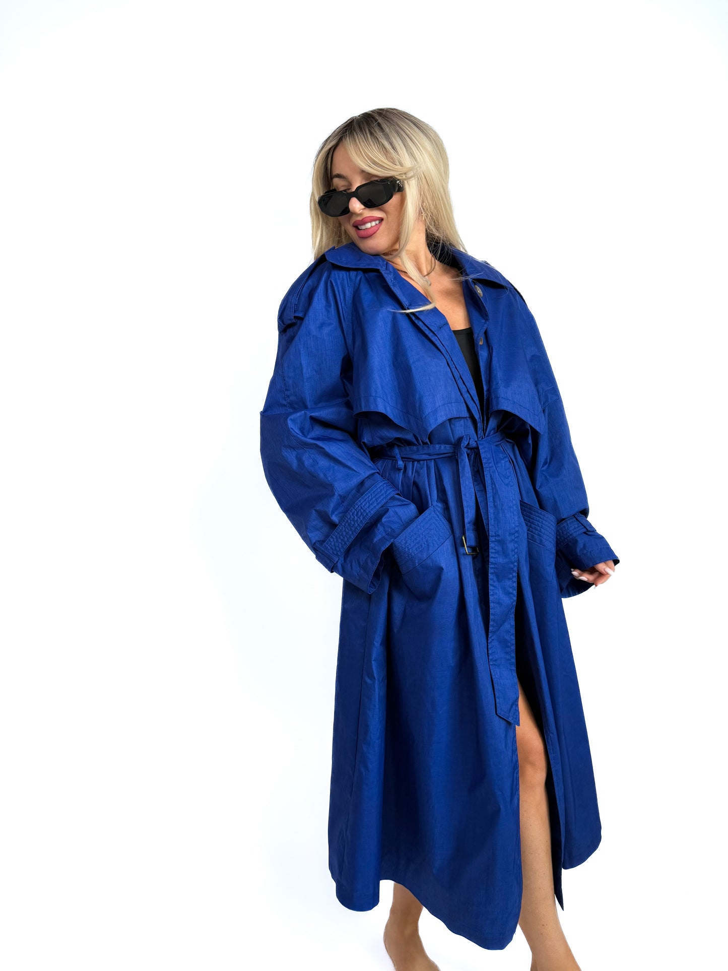 Vintage Cobalt Blue Oversized Wool Blend Trench Raincoat – 90s Plus Size Streetwear L-XL