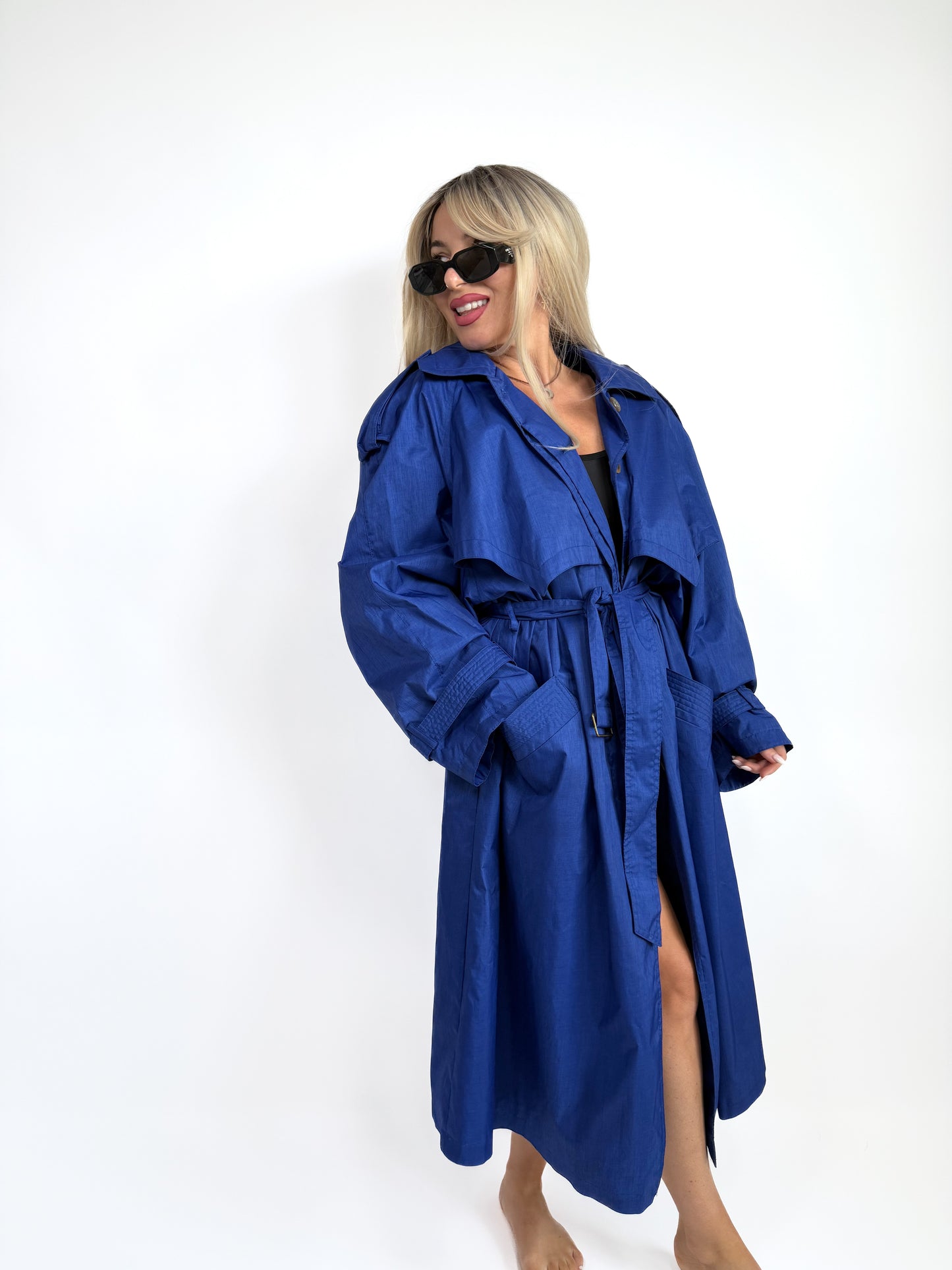 Vintage Cobalt Blue Oversized Wool Blend Trench Raincoat – 90s Plus Size Streetwear L-XL