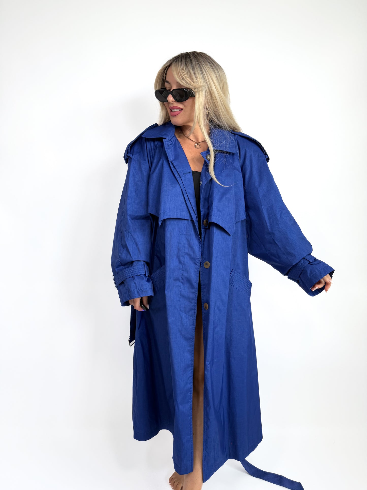 Vintage Cobalt Blue Oversized Wool Blend Trench Raincoat – 90s Plus Size Streetwear L-XL