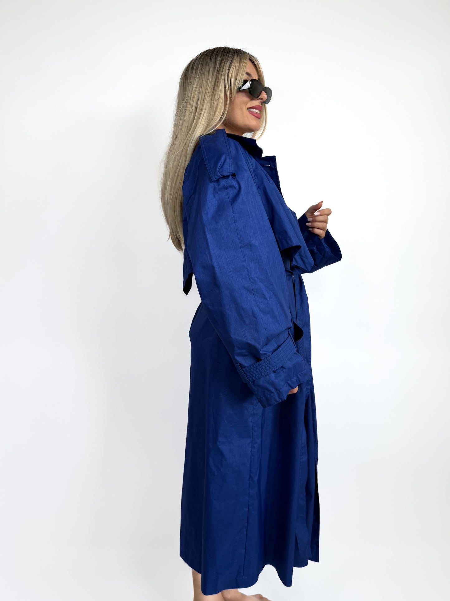 Vintage Cobalt Blue Oversized Wool Blend Trench Raincoat – 90s Plus Size Streetwear L-XL