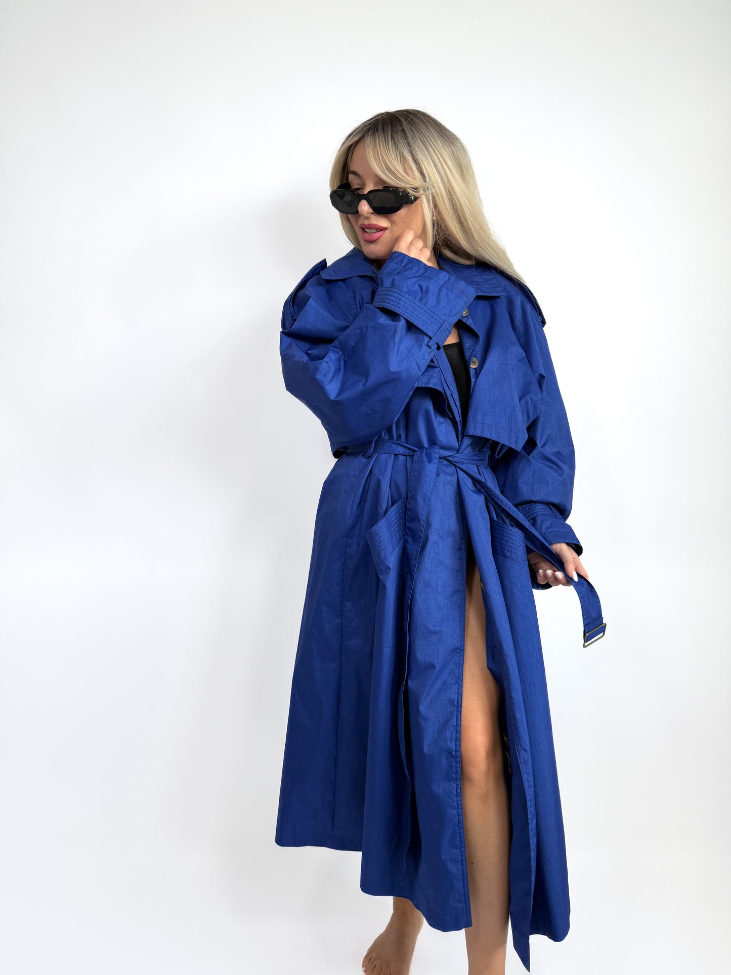 Vintage Cobalt Blue Oversized Wool Blend Trench Raincoat – 90s Plus Size Streetwear L-XL
