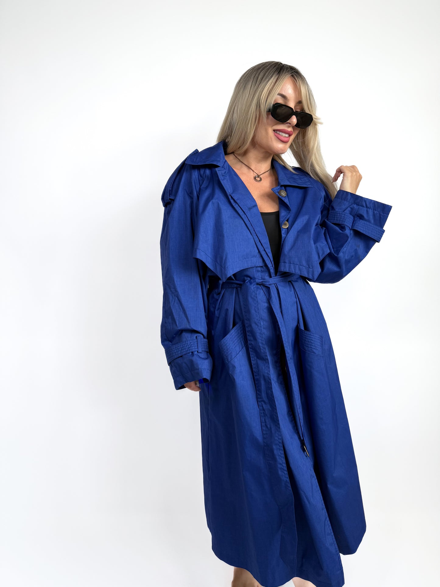 Vintage Cobalt Blue Oversized Wool Blend Trench Raincoat – 90s Plus Size Streetwear L-XL