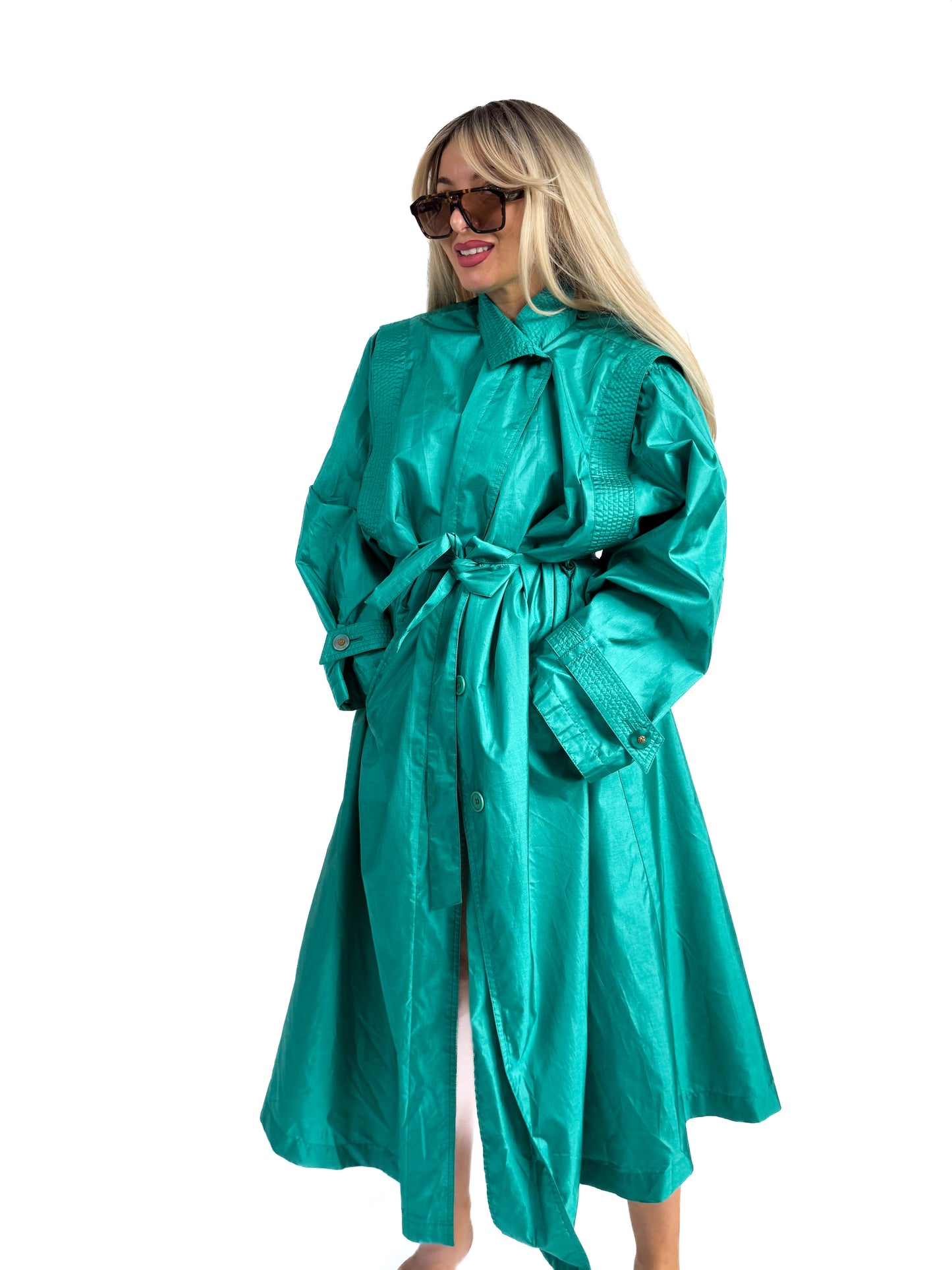 Vintage 90s Shiny Emerald Trench Coat – Oversized Streetwear Rain Jacket with Waist Tie X-XL