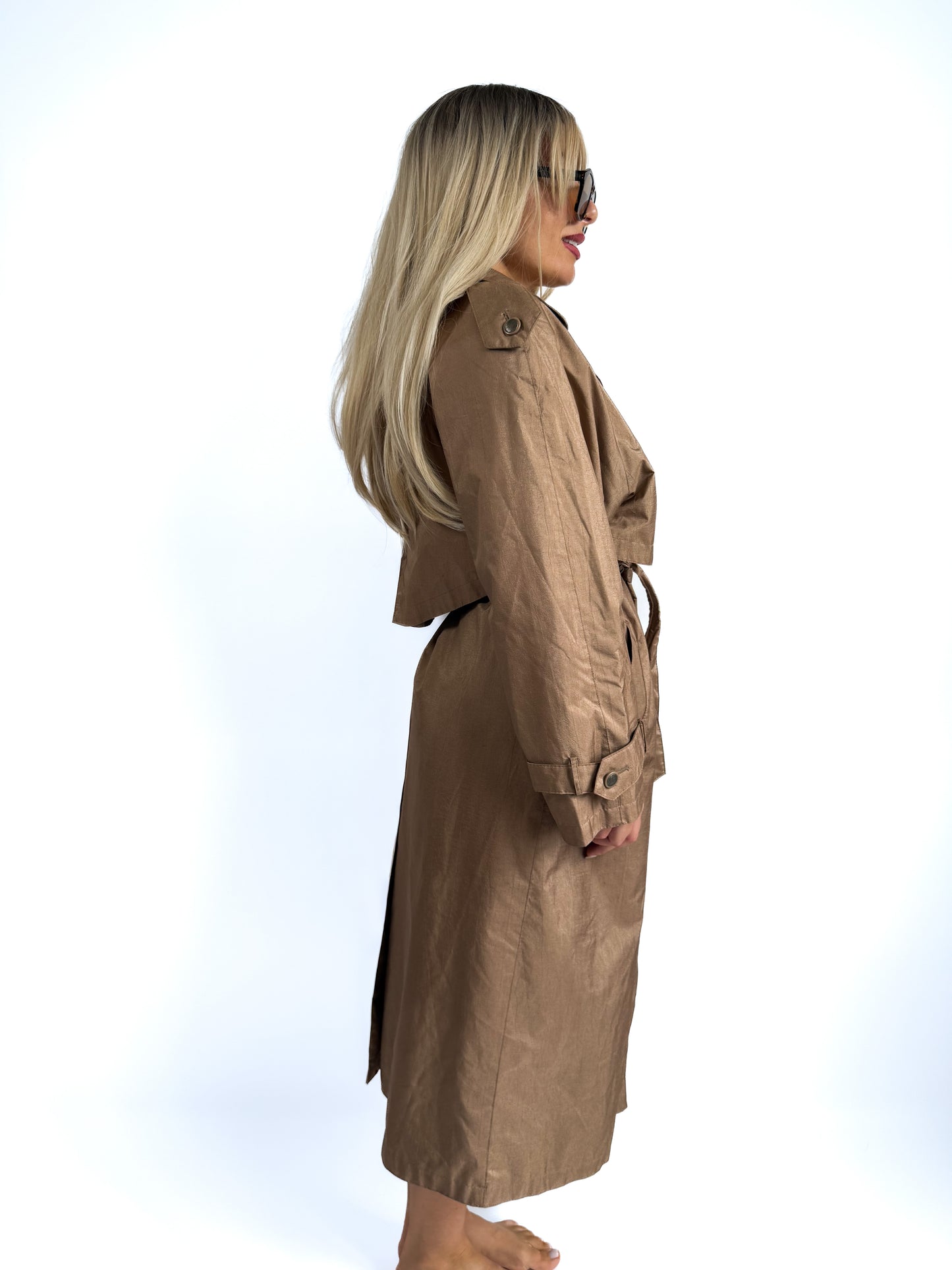 Vintage Bronze Crinkle Trench Coat – 90s Streetwear Rain Jacket with Waist Tie & Detachable Lining M-L