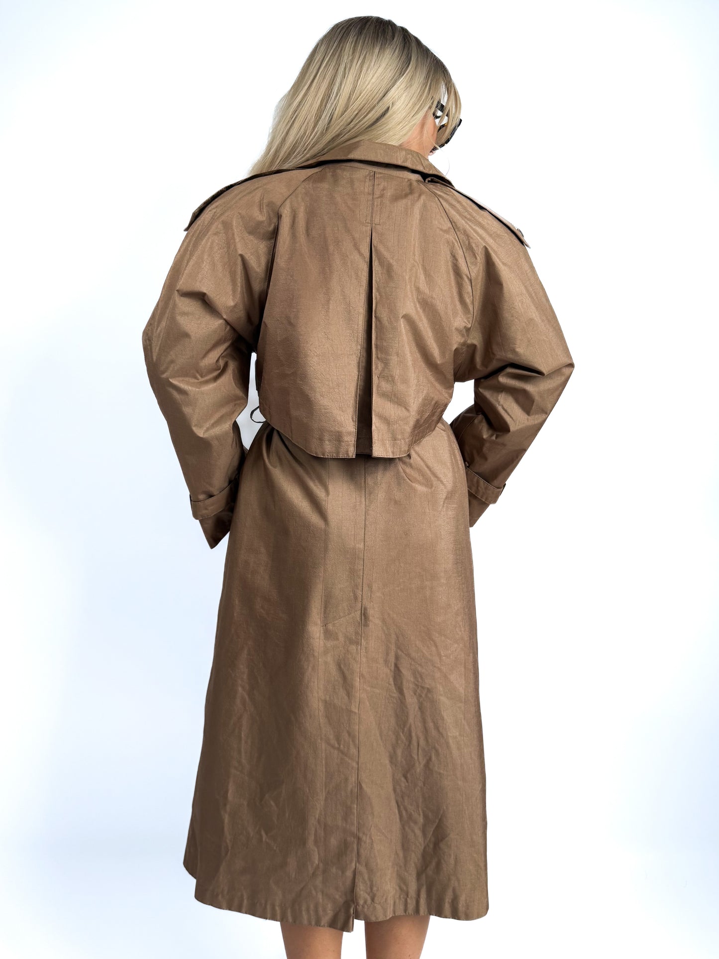 Vintage Bronze Crinkle Trench Coat – 90s Streetwear Rain Jacket with Waist Tie & Detachable Lining M-L