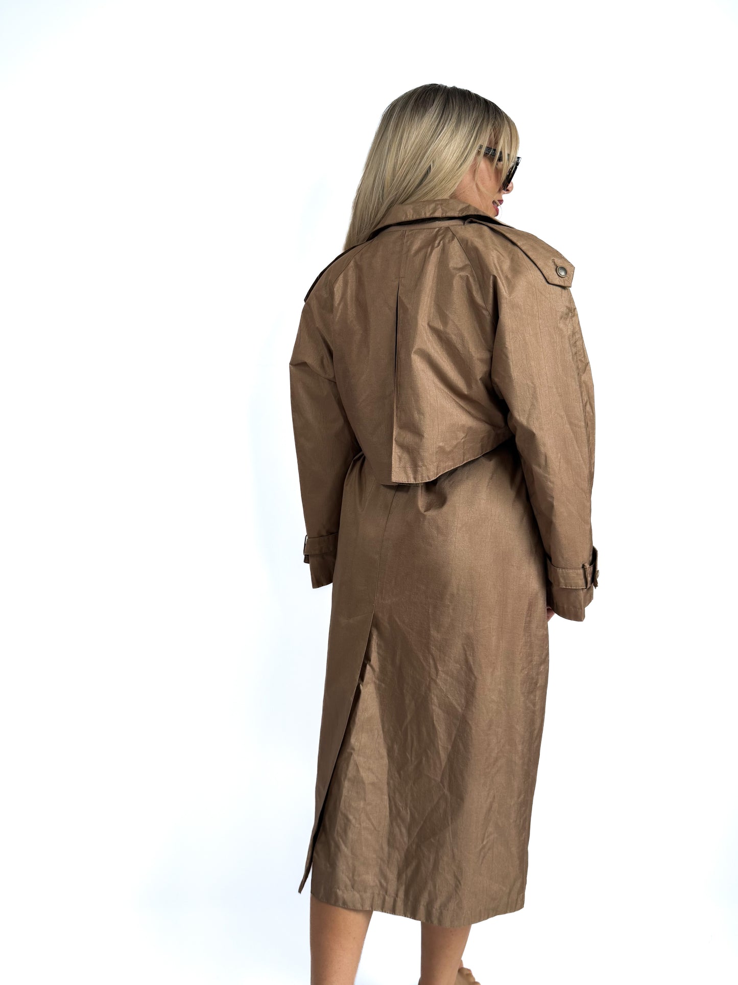 Vintage Bronze Crinkle Trench Coat – 90s Streetwear Rain Jacket with Waist Tie & Detachable Lining M-L