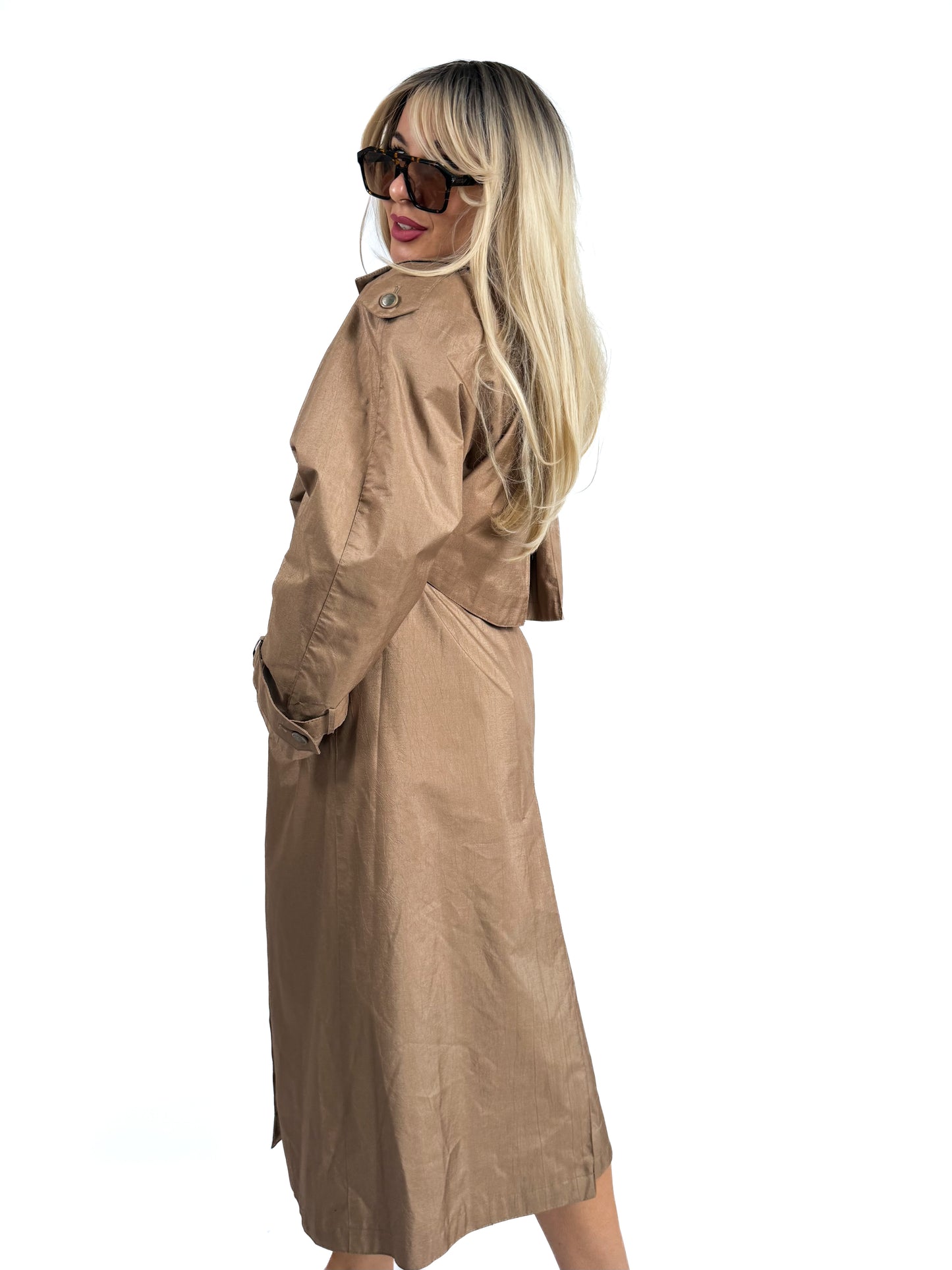 Vintage Bronze Crinkle Trench Coat – 90s Streetwear Rain Jacket with Waist Tie & Detachable Lining M-L