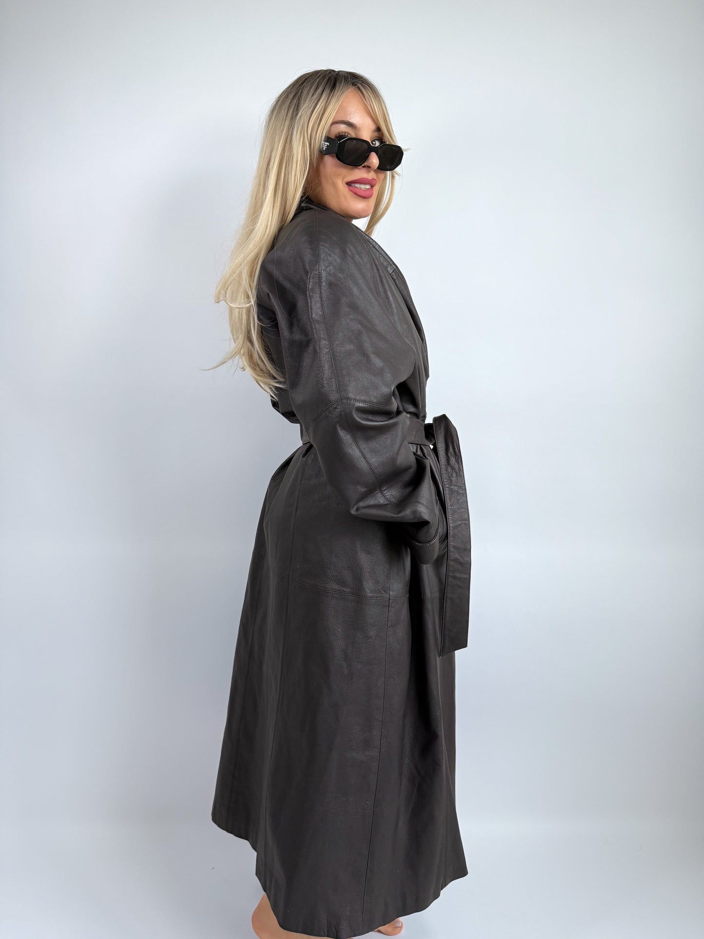 Vintage Natural Leather Trench Coat – Belted Full Length | Size L