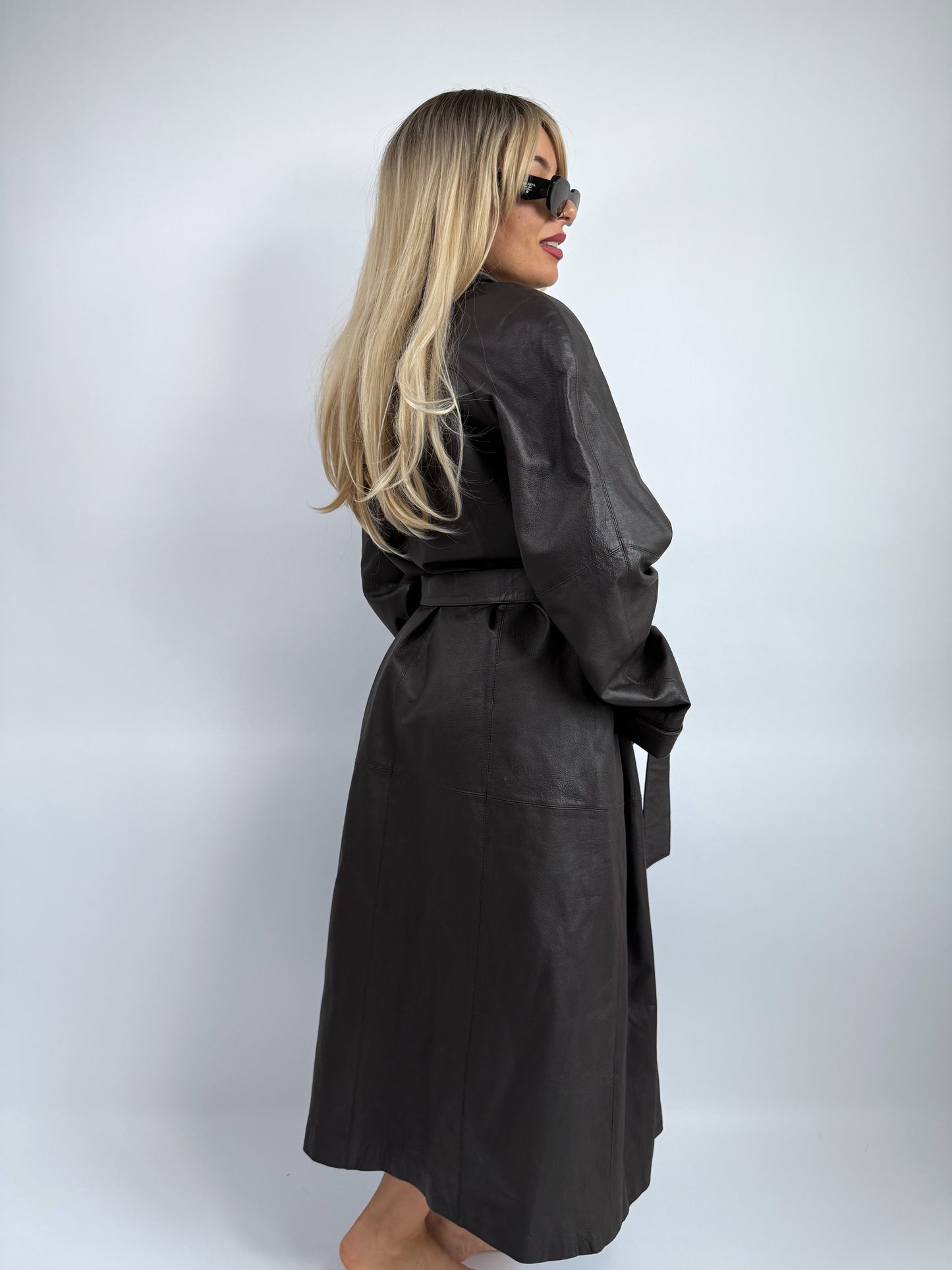 Vintage Natural Leather Trench Coat – Belted Full Length | Size L