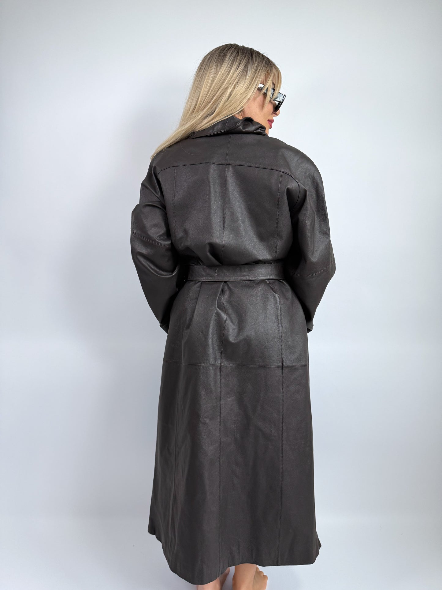 Vintage Natural Leather Trench Coat – Belted Full Length | Size L