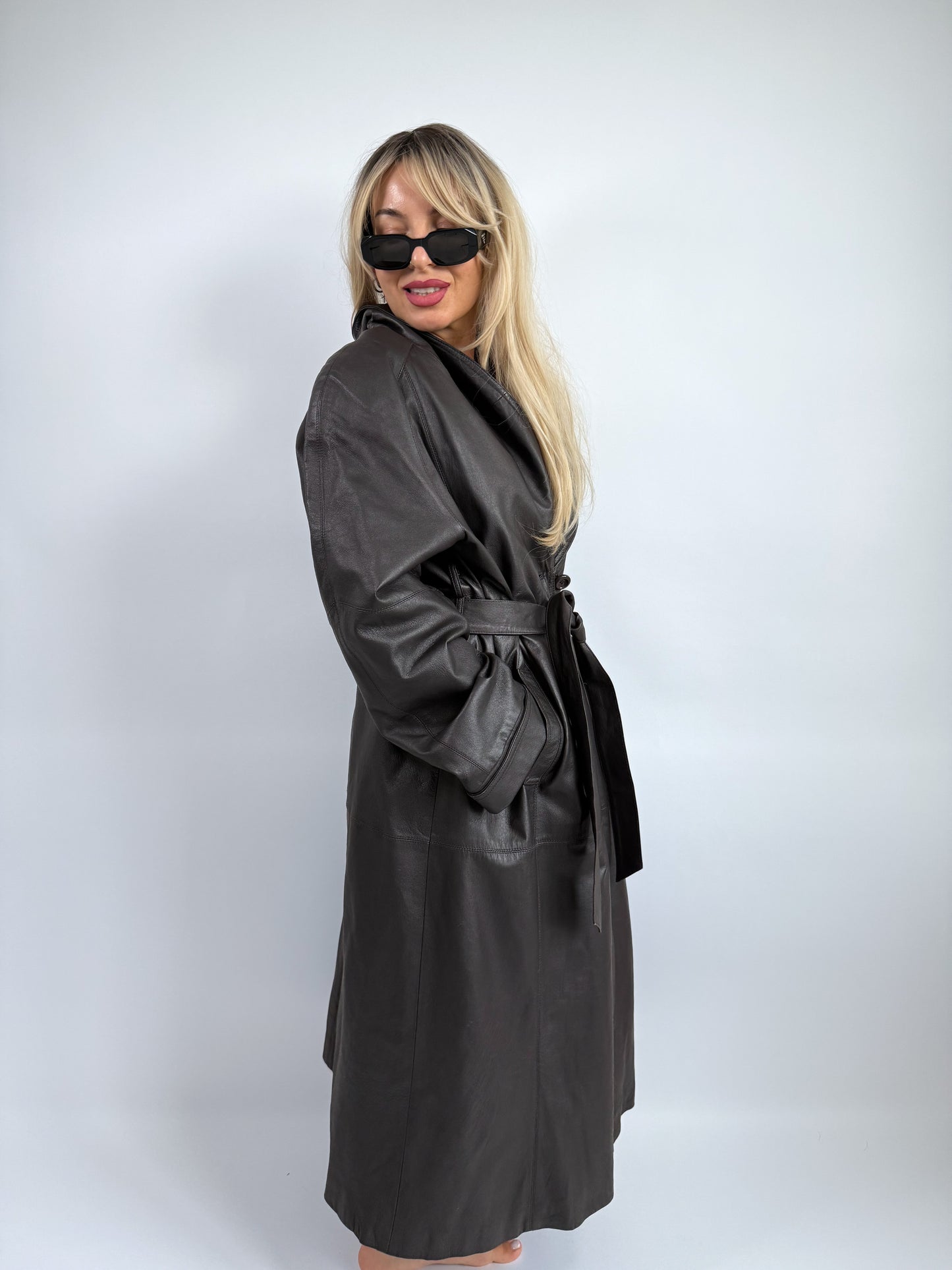 Vintage Natural Leather Trench Coat – Belted Full Length | Size L