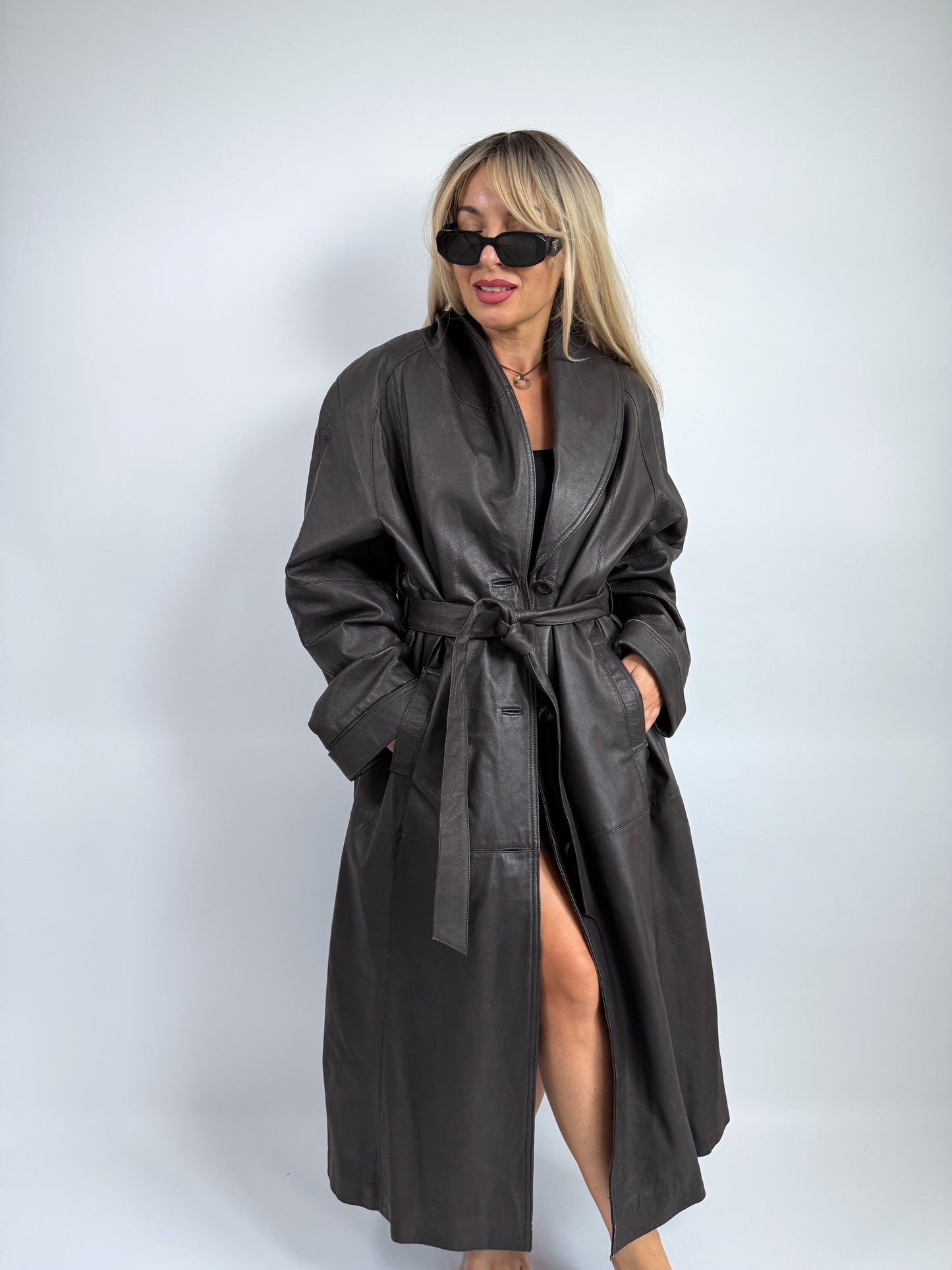 Vintage Natural Leather Trench Coat – Belted Full Length | Size L