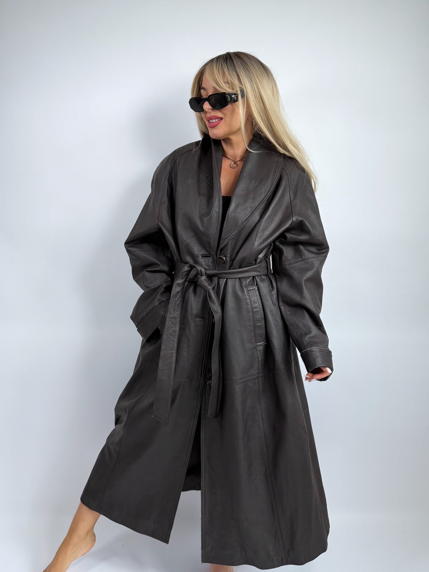 Vintage Natural Leather Trench Coat – Belted Full Length | Size L