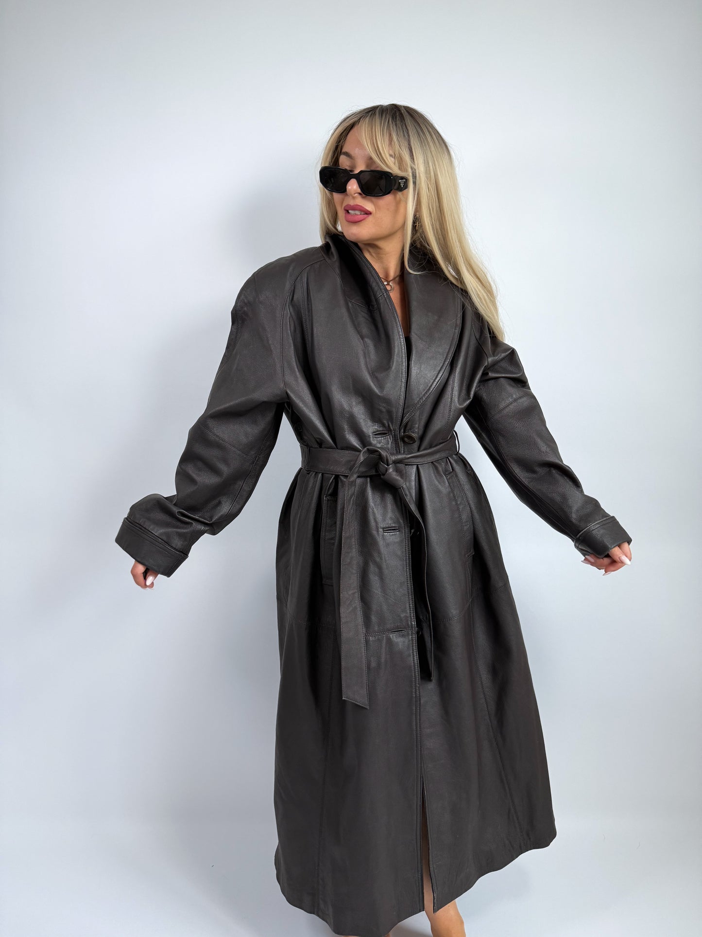 Vintage Natural Leather Trench Coat – Belted Full Length | Size L