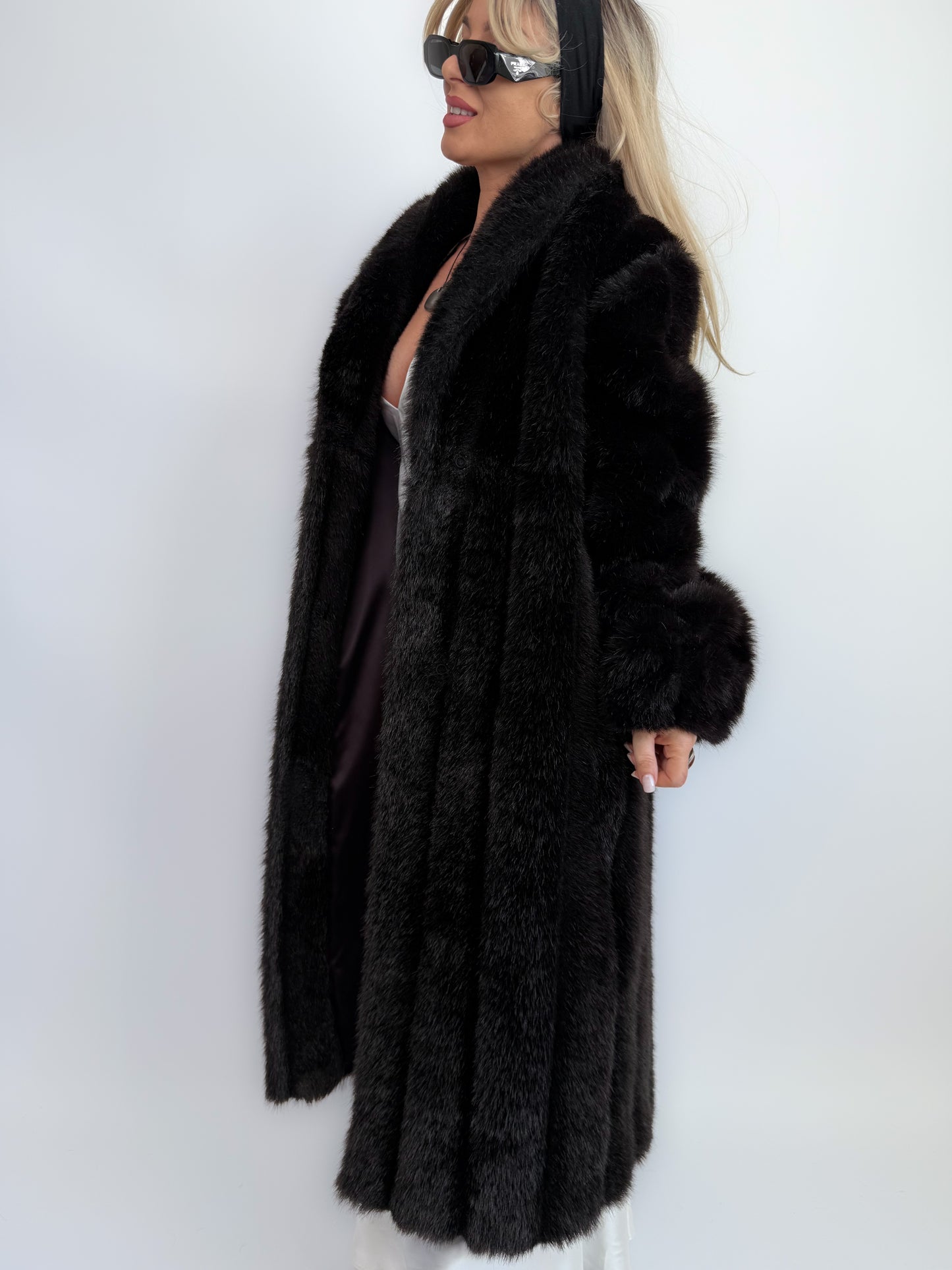 Vintage Black Brown Faux Fur Full Length Winter Coat S-M