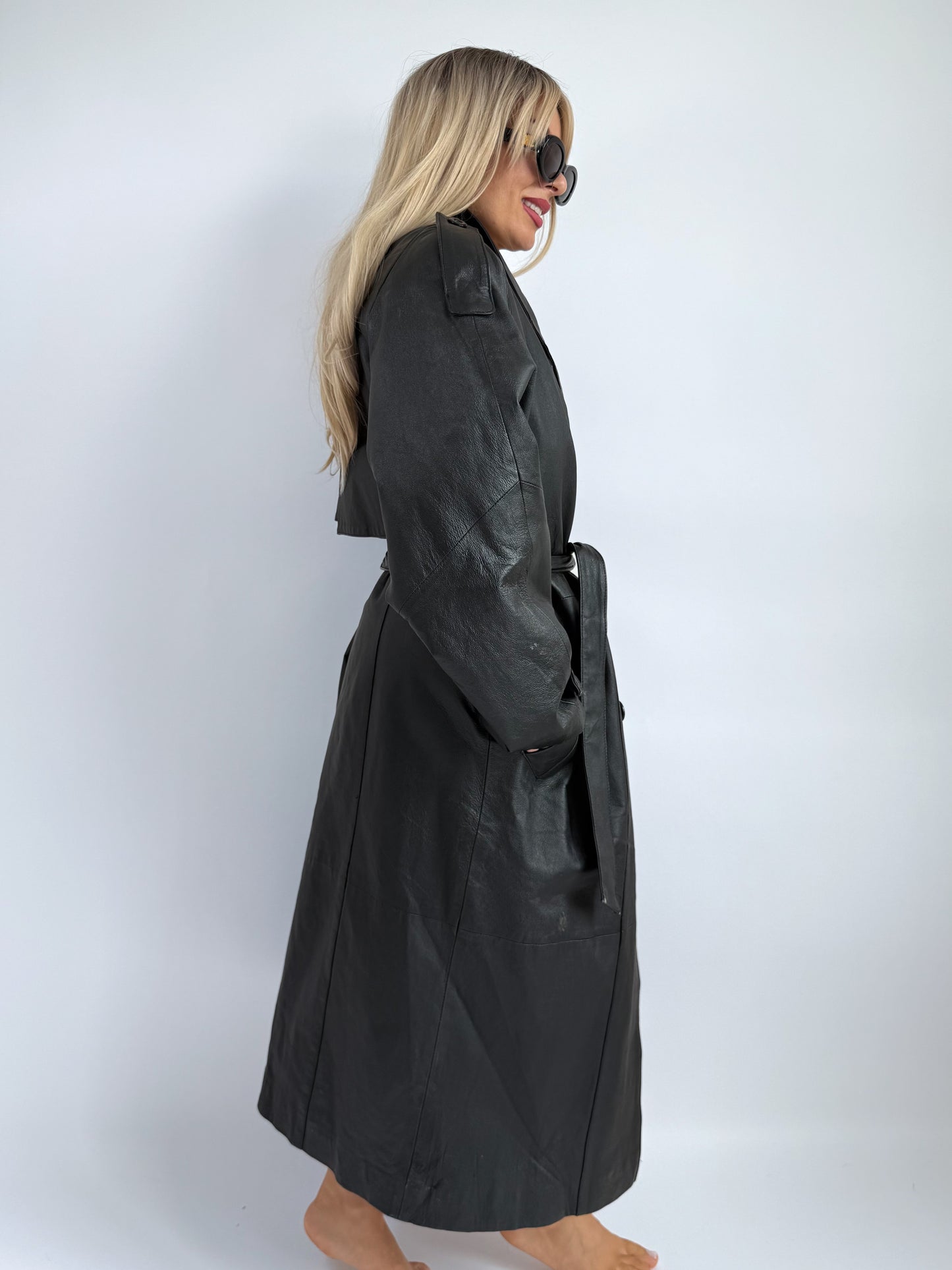 Vintage Black Leather Trench Coat with Faux Fur Lining – Belted Longline Mob Wife Style (L)