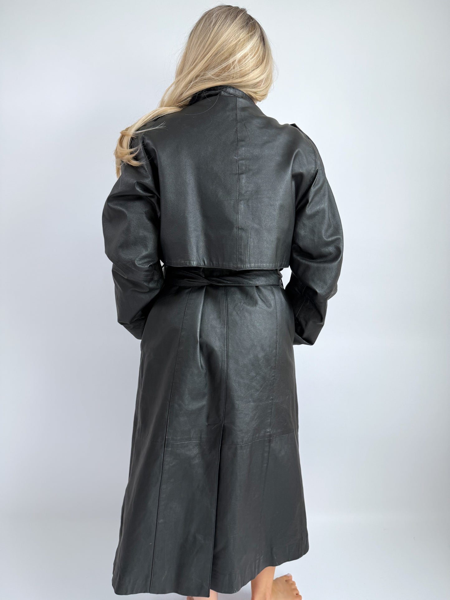 Vintage Black Leather Trench Coat with Faux Fur Lining – Belted Longline Mob Wife Style (L)