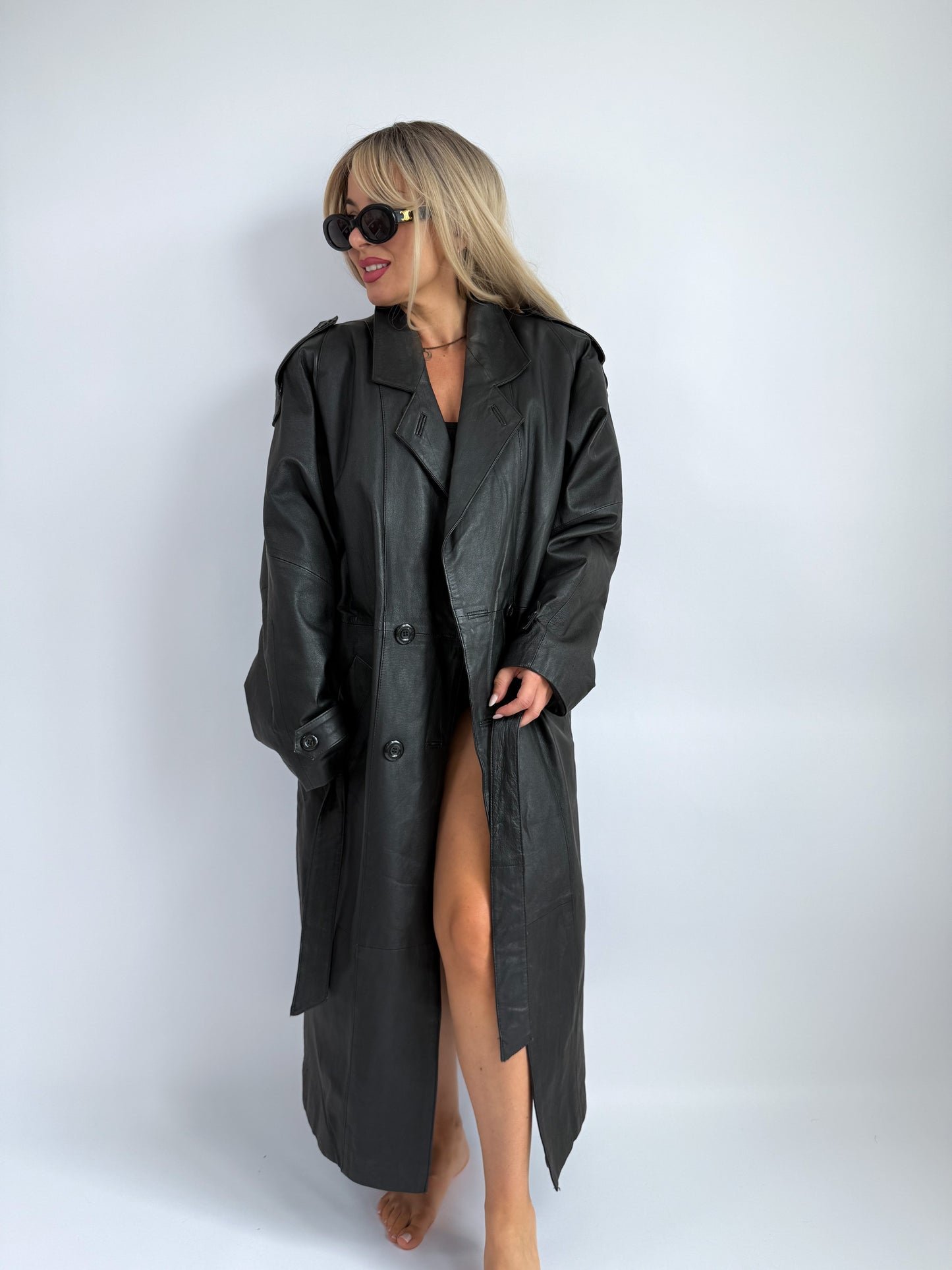 Vintage Black Leather Trench Coat with Faux Fur Lining – Belted Longline Mob Wife Style (L)