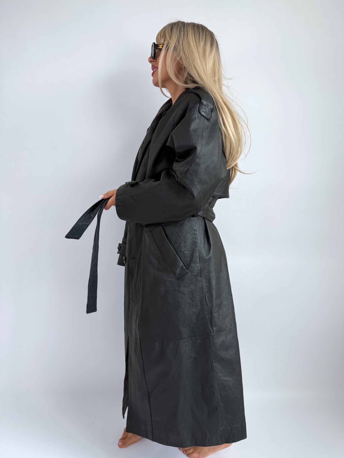 Vintage Black Leather Trench Coat with Faux Fur Lining – Belted Longline Mob Wife Style (L)