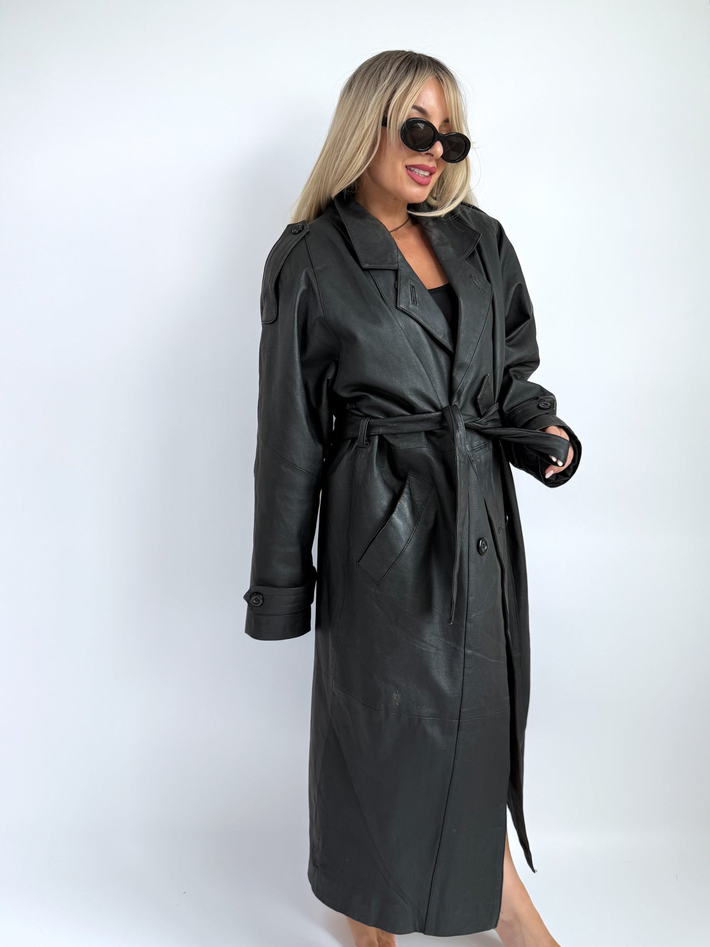 Vintage Black Leather Trench Coat with Faux Fur Lining – Belted Longline Mob Wife Style (L)