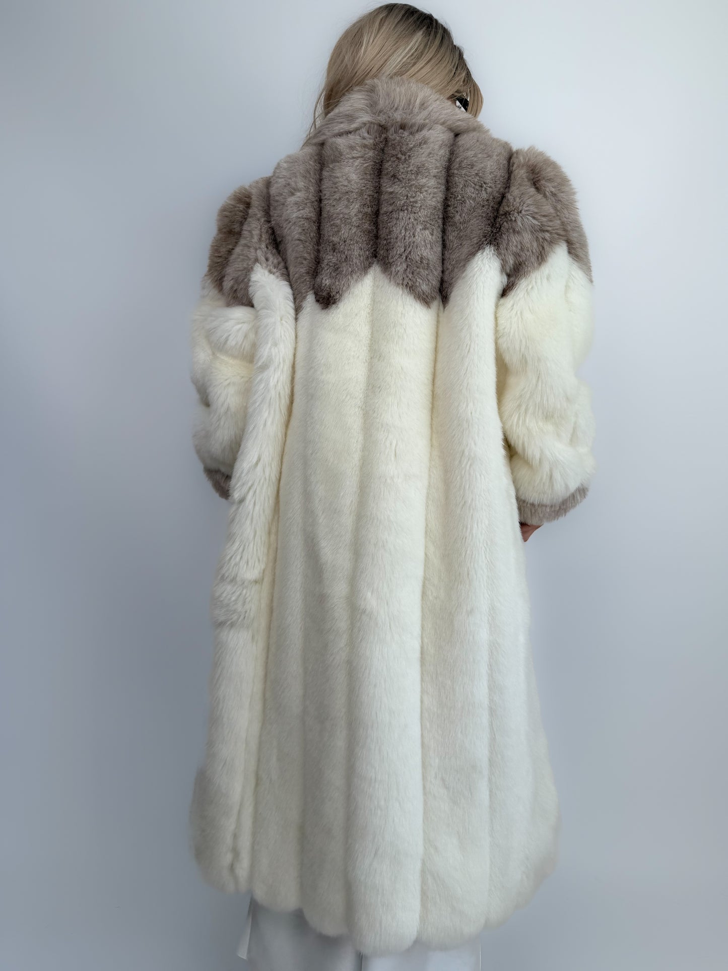 Vintage Ivory White Taupe Faux Fur Long Coat – Long Winter Bridal Glam Statement Jacket - S