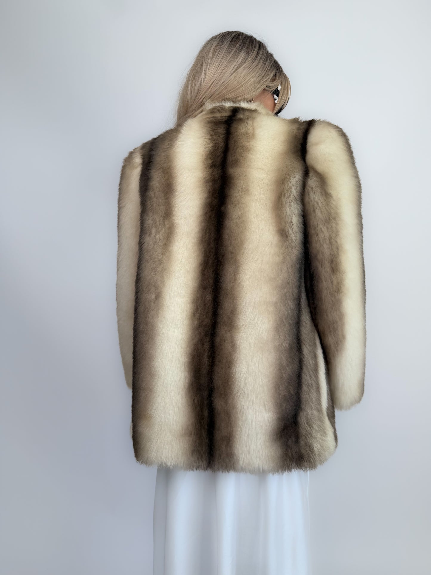 Vintage Beige Brown Faux Fur Coat – 80s Winter Bridal Statement Jacket S