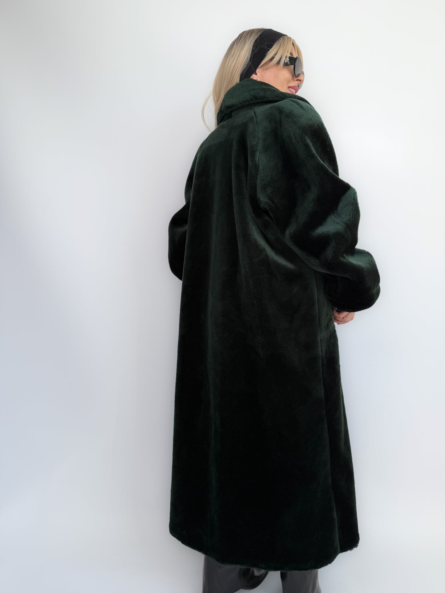 Bottle Green Velvet Faux Fur Full Length Vintage Coat M-L