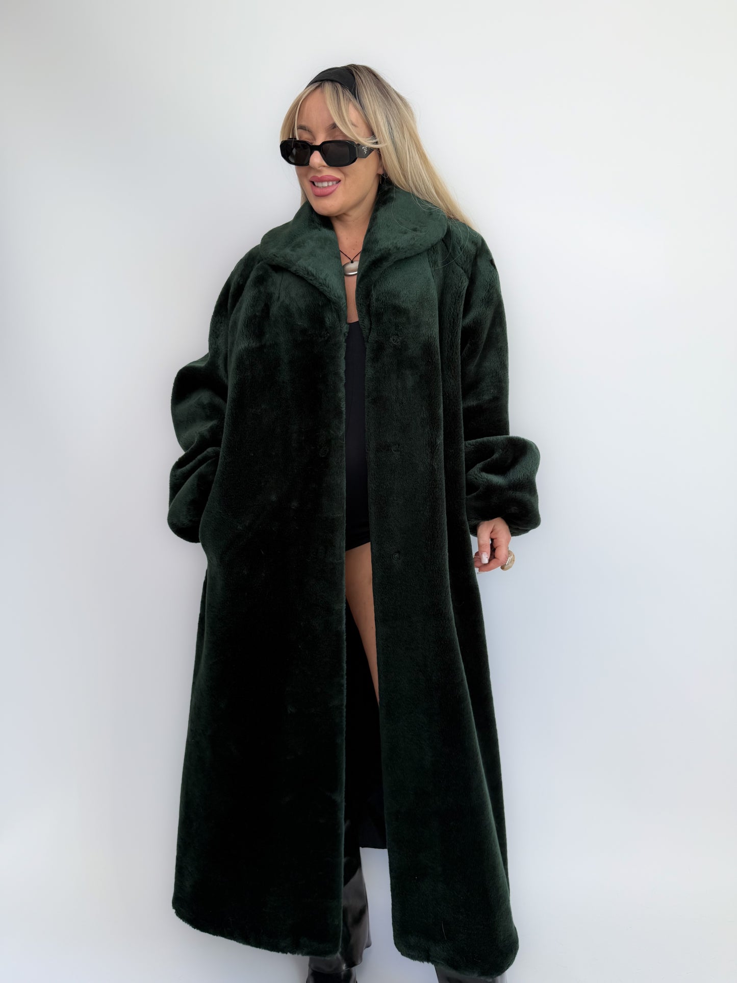 Bottle Green Velvet Faux Fur Full Length Vintage Coat M-L