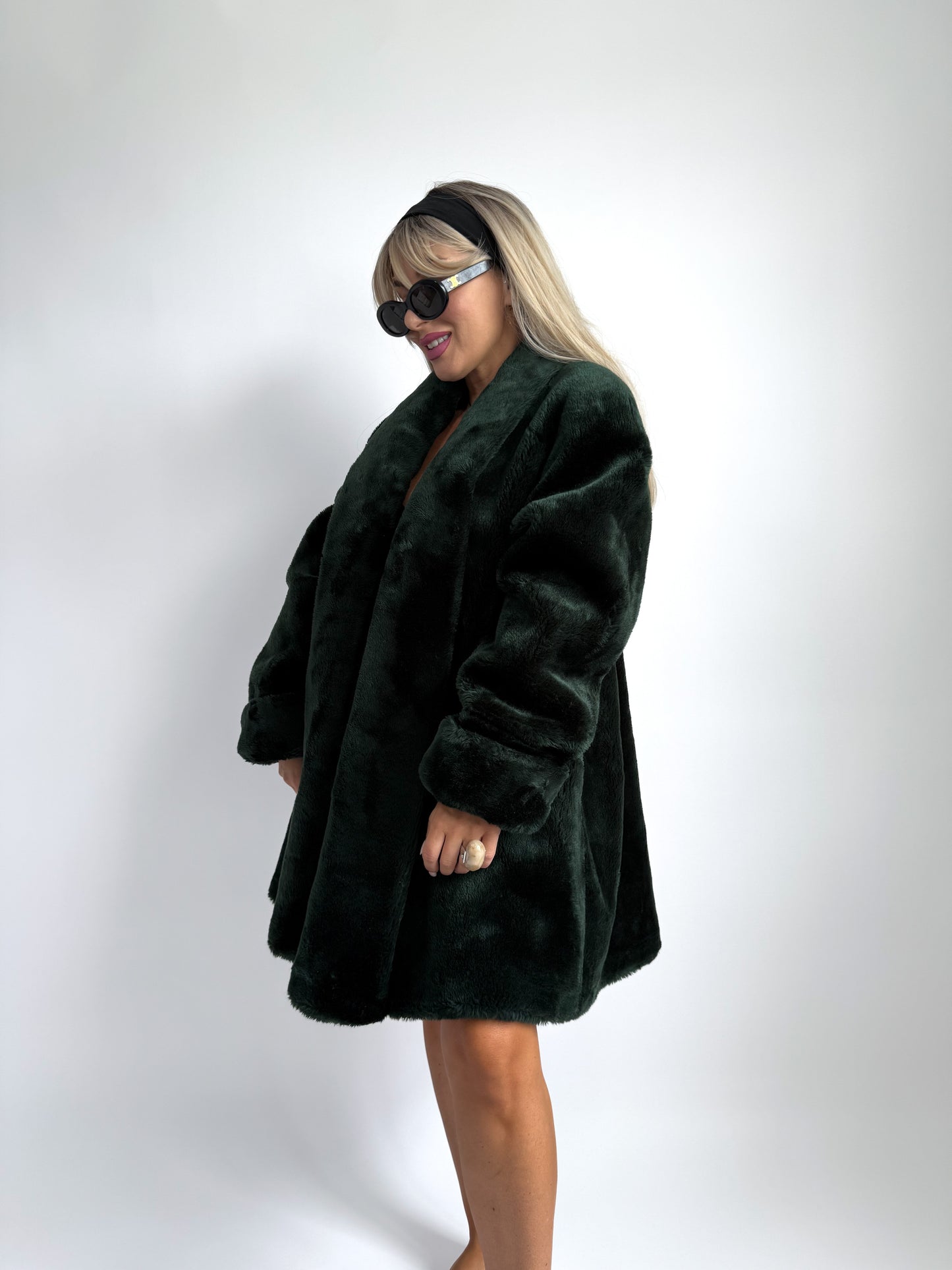 Dark Emerald Faux Fur Coat – Vintage Mob Wife Style in S-M