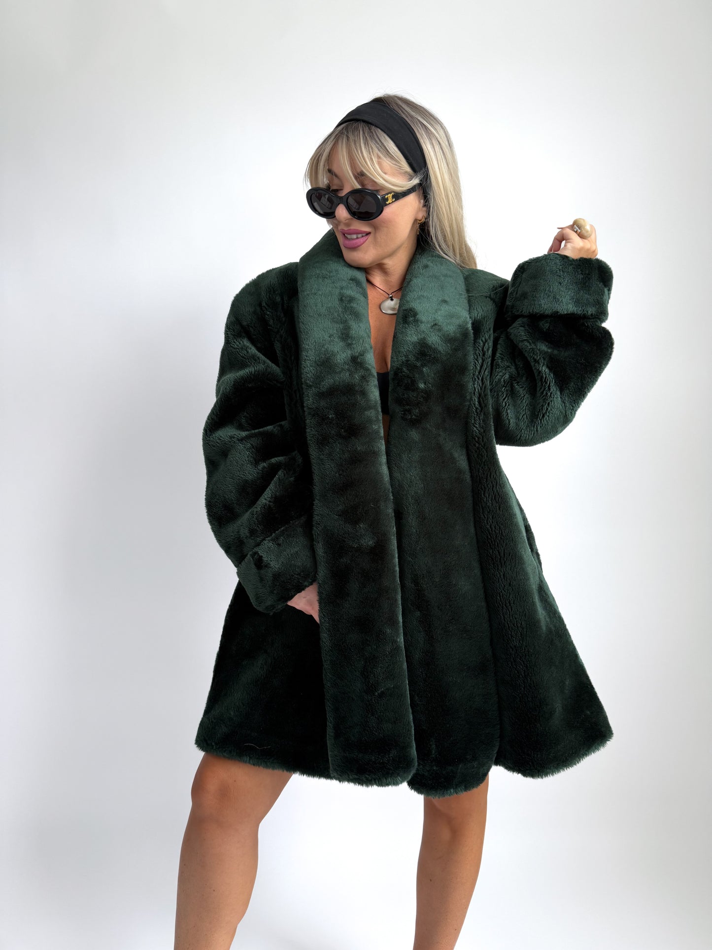 Dark Emerald Faux Fur Coat – Vintage Mob Wife Style in S-M