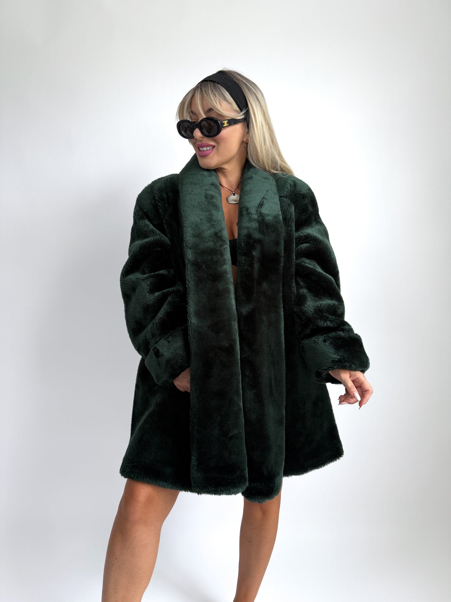 Dark Emerald Faux Fur Coat – Vintage Mob Wife Style in S-M