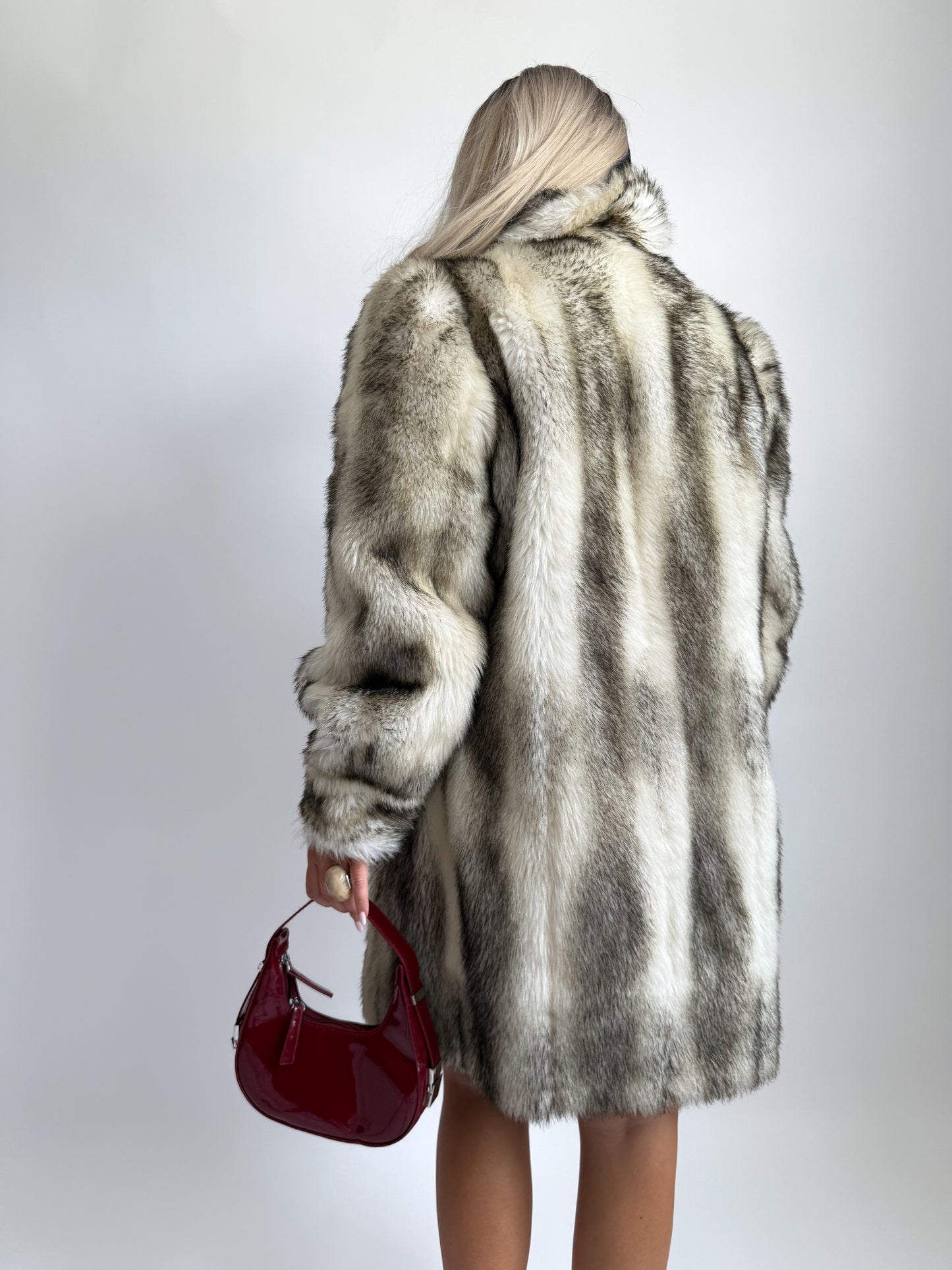 Vintage Faux Fox Fur Coat Mid Length Winter Jacket S-M