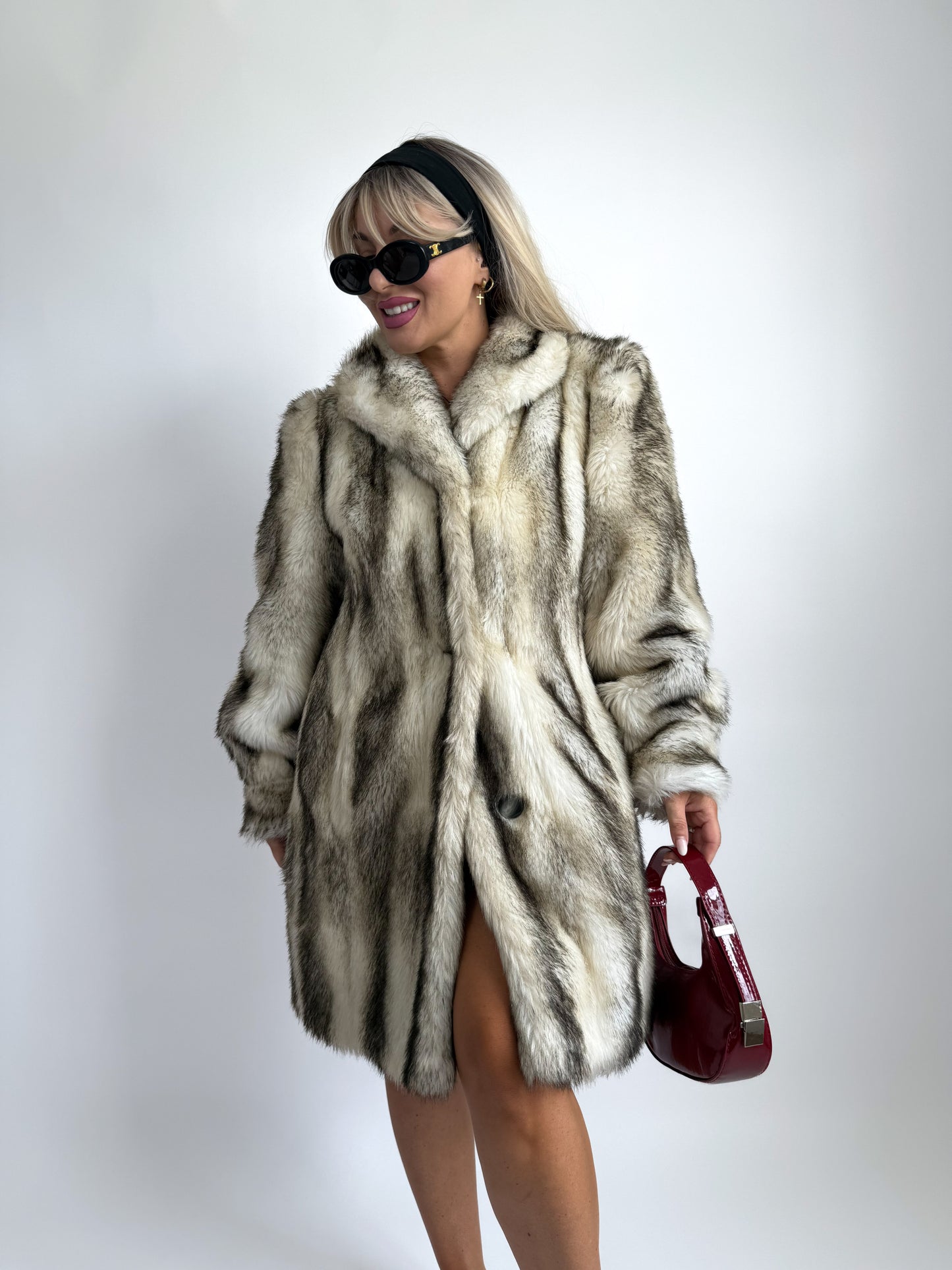 Vintage Faux Fox Fur Coat Mid Length Winter Jacket S-M