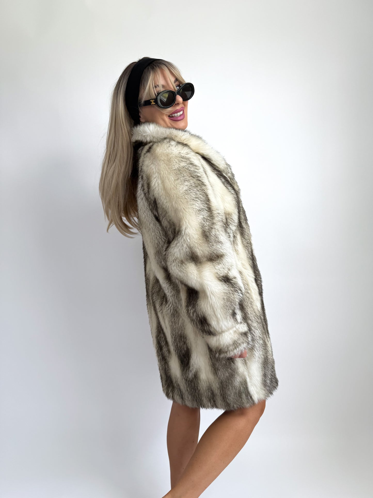 Vintage Faux Fox Fur Coat Mid Length Winter Jacket S-M
