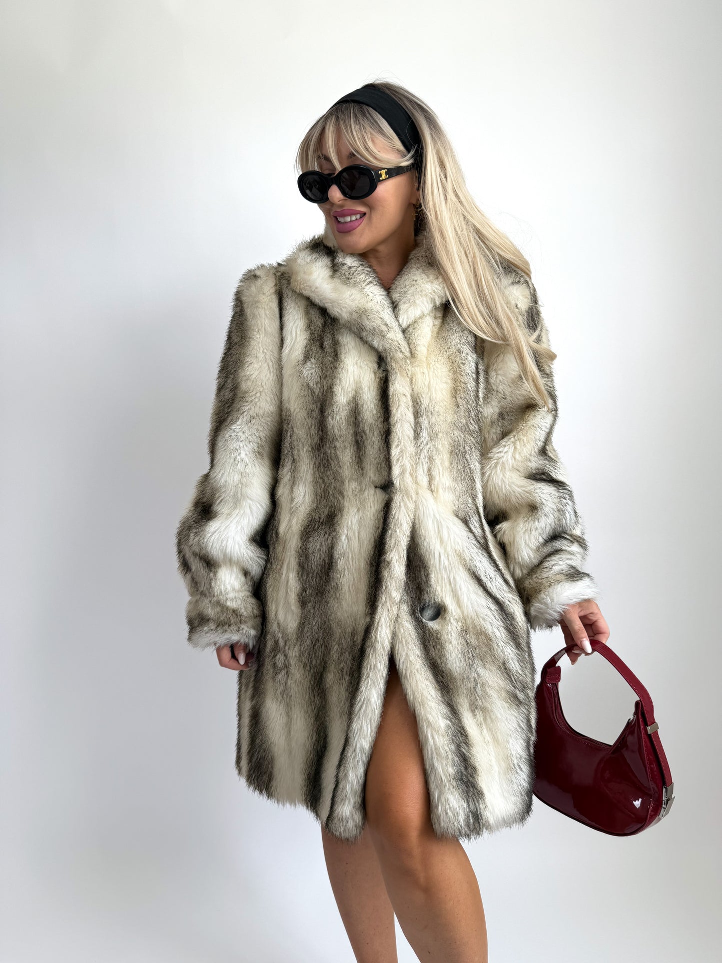 Vintage Faux Fox Fur Coat Mid Length Winter Jacket S-M