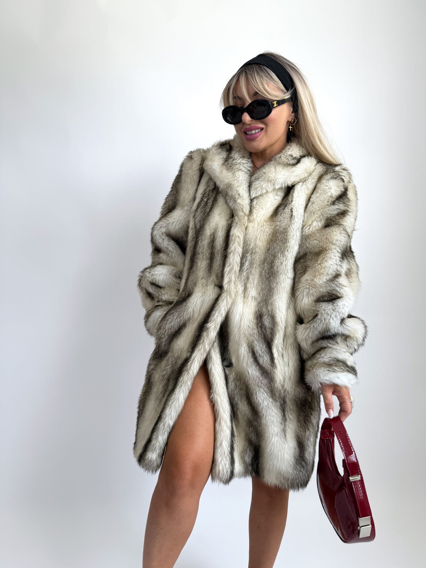Vintage Faux Fox Fur Coat Mid Length Winter Jacket S-M