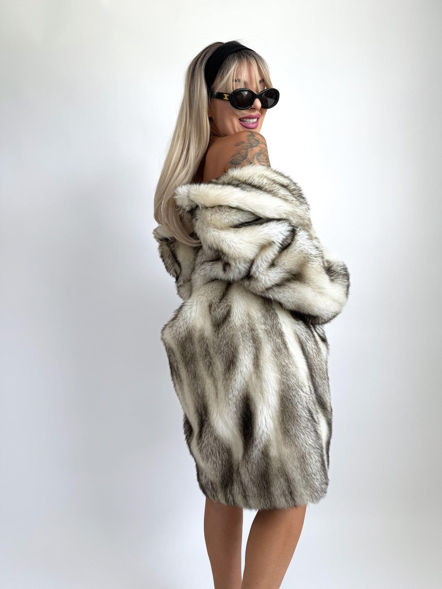 Vintage Faux Fox Fur Coat Mid Length Winter Jacket S-M