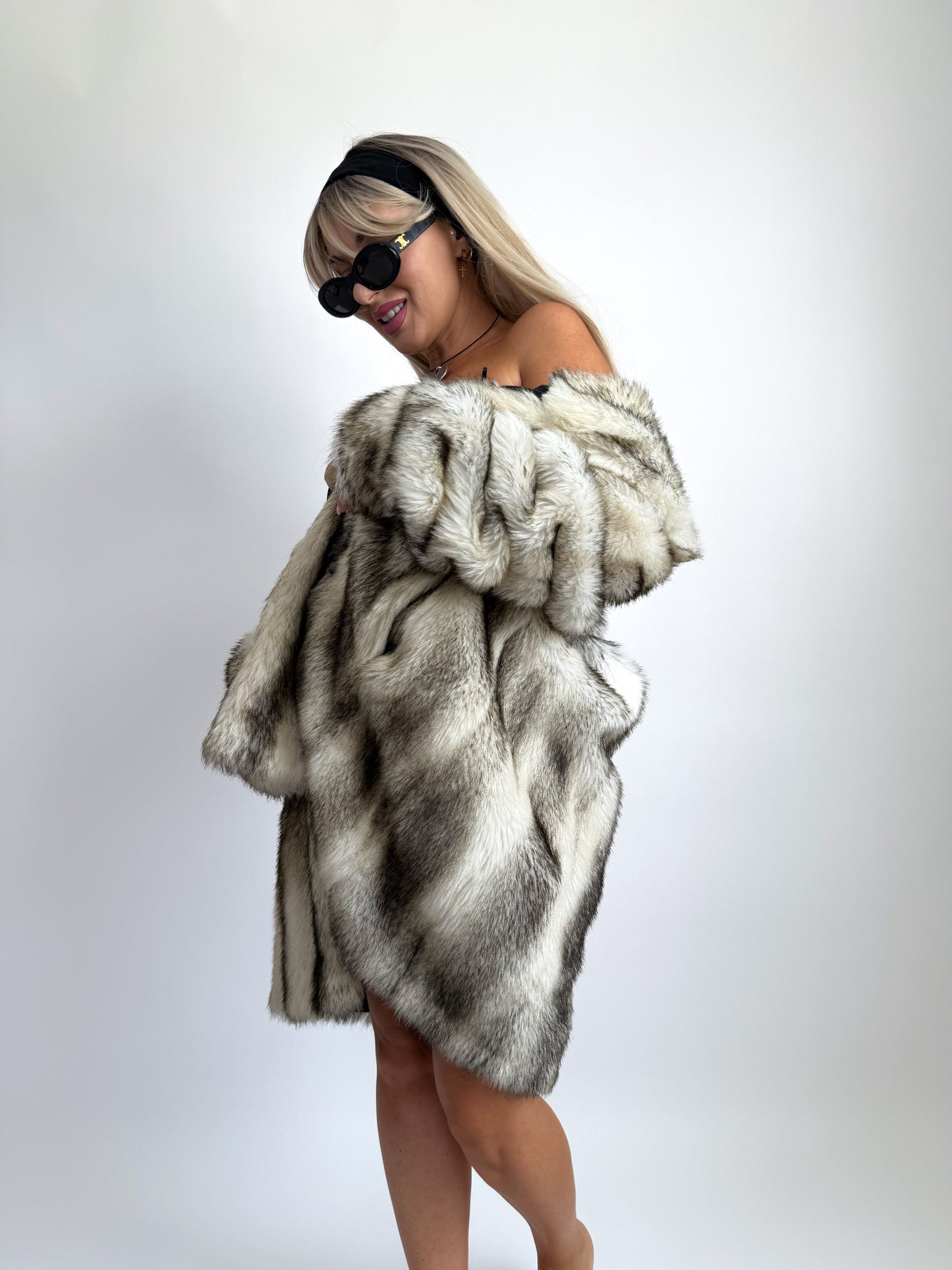 Vintage Faux Fox Fur Coat Mid Length Winter Jacket S-M