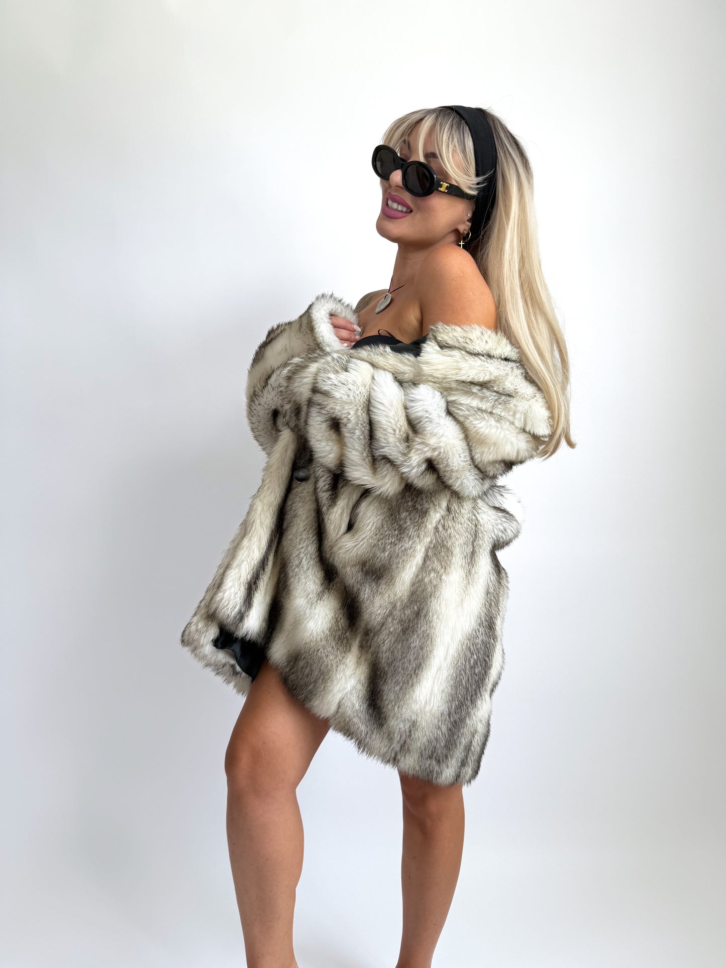 Vintage Faux Fox Fur Coat Mid Length Winter Jacket S-M