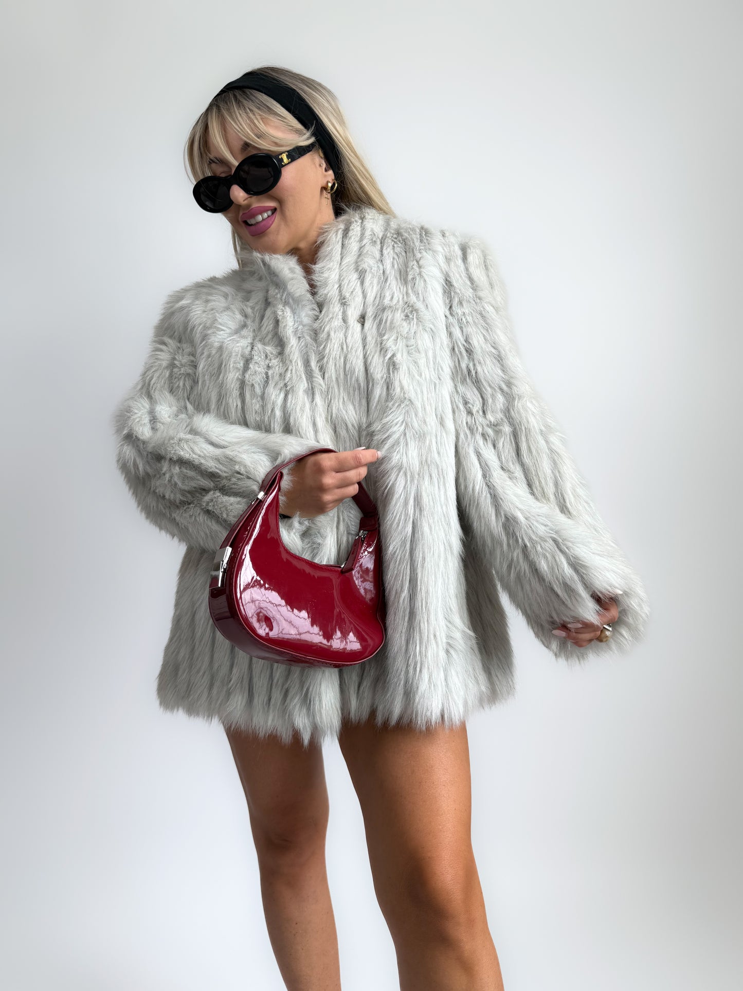 Vintage Faux Fur Jacket Ivory Grey Winter Wedding Bridal Coat in M